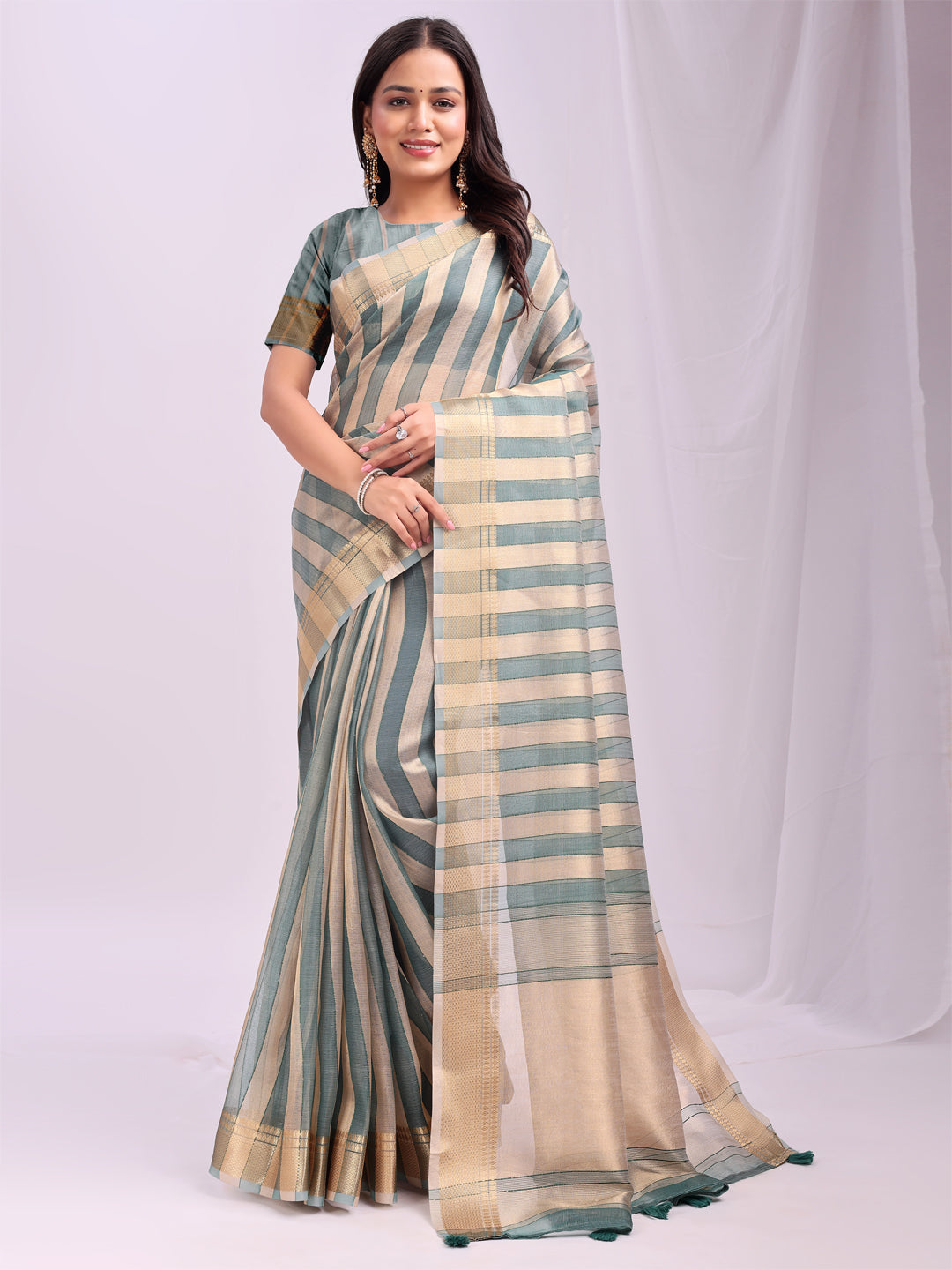 Green Organza Woven Patta Designer Trendy Ethnic Saree
