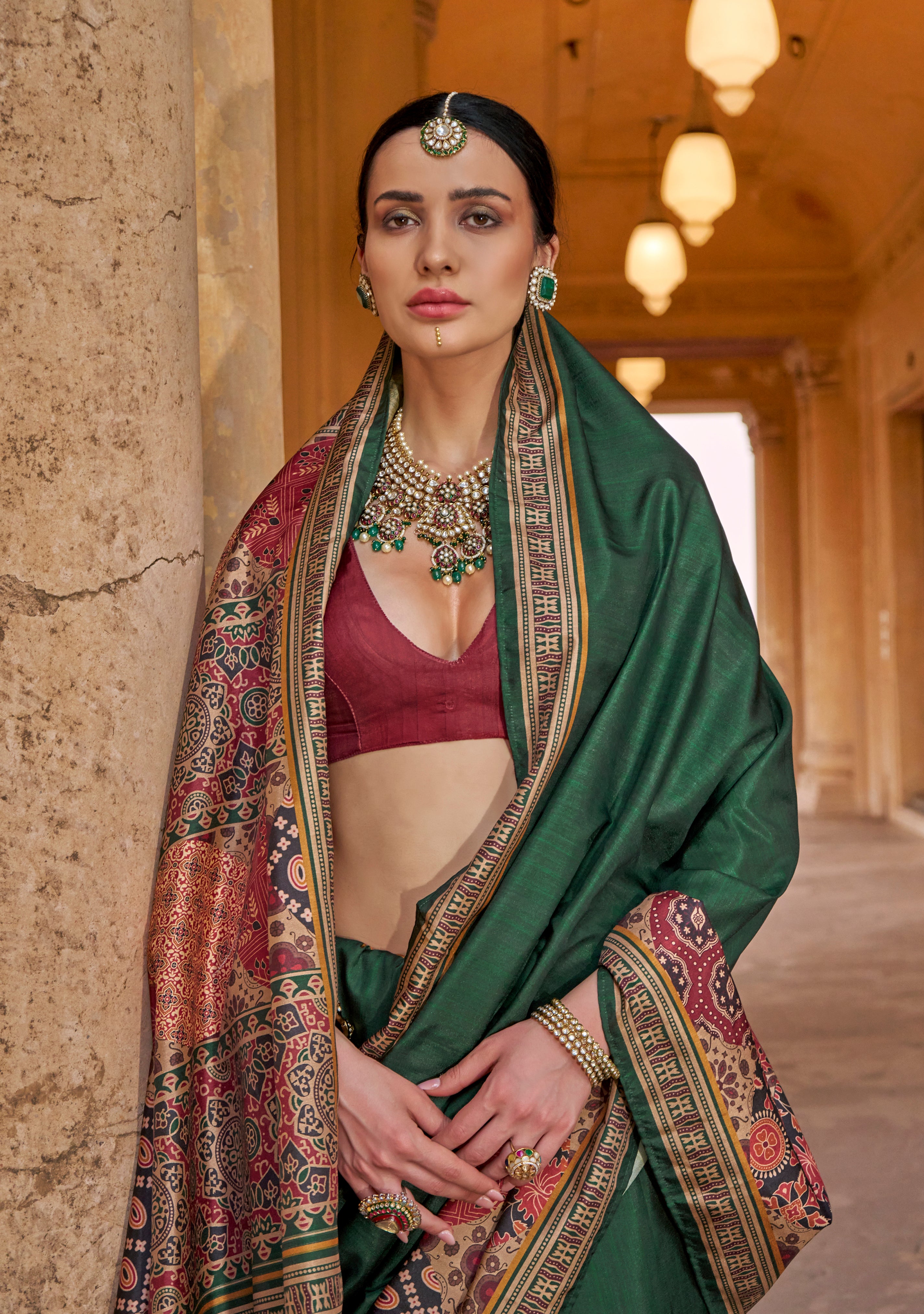 Green PV Silk Saree with Ajrakh Print and Croma Finish