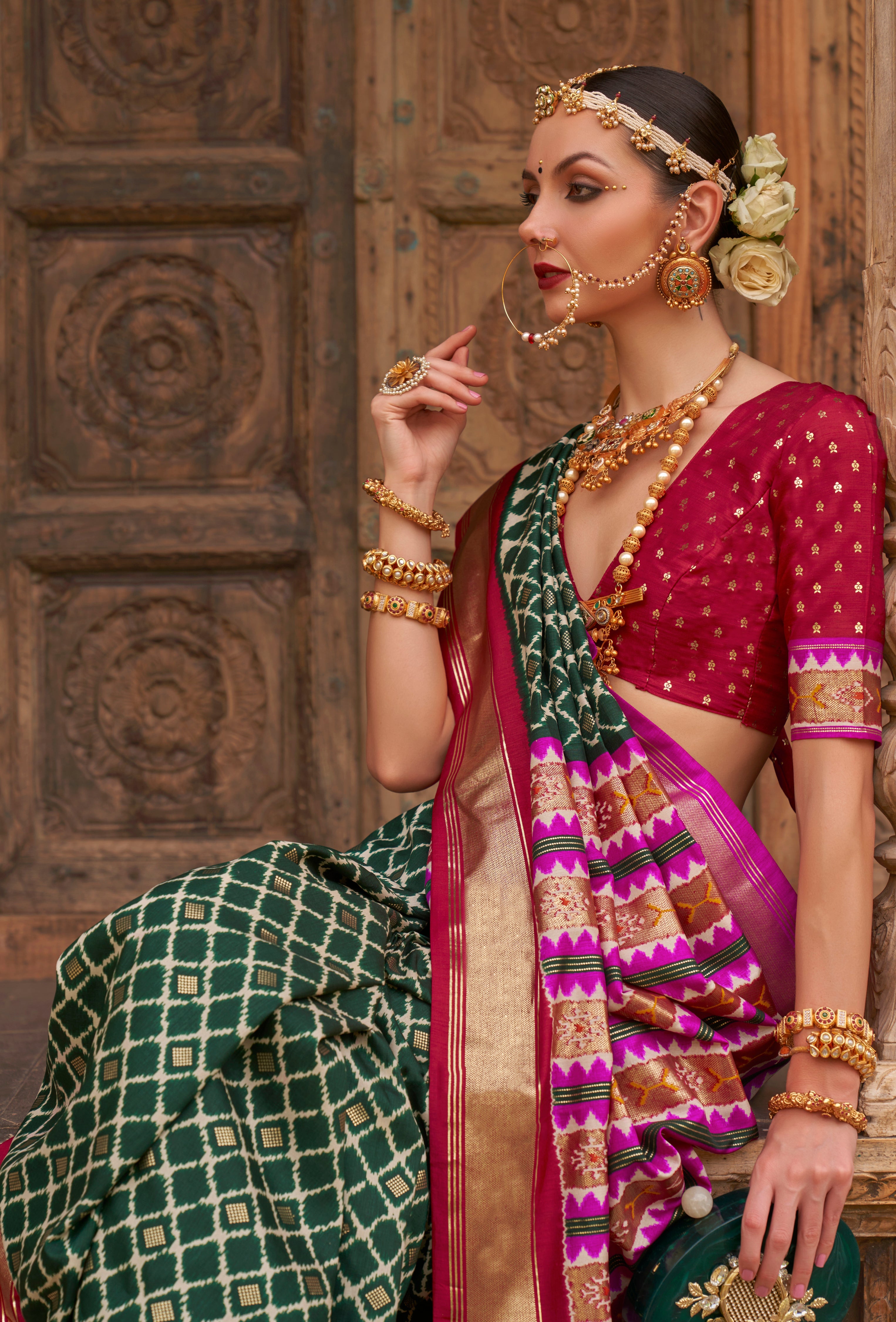 Green PV Silk Saree with  Printed