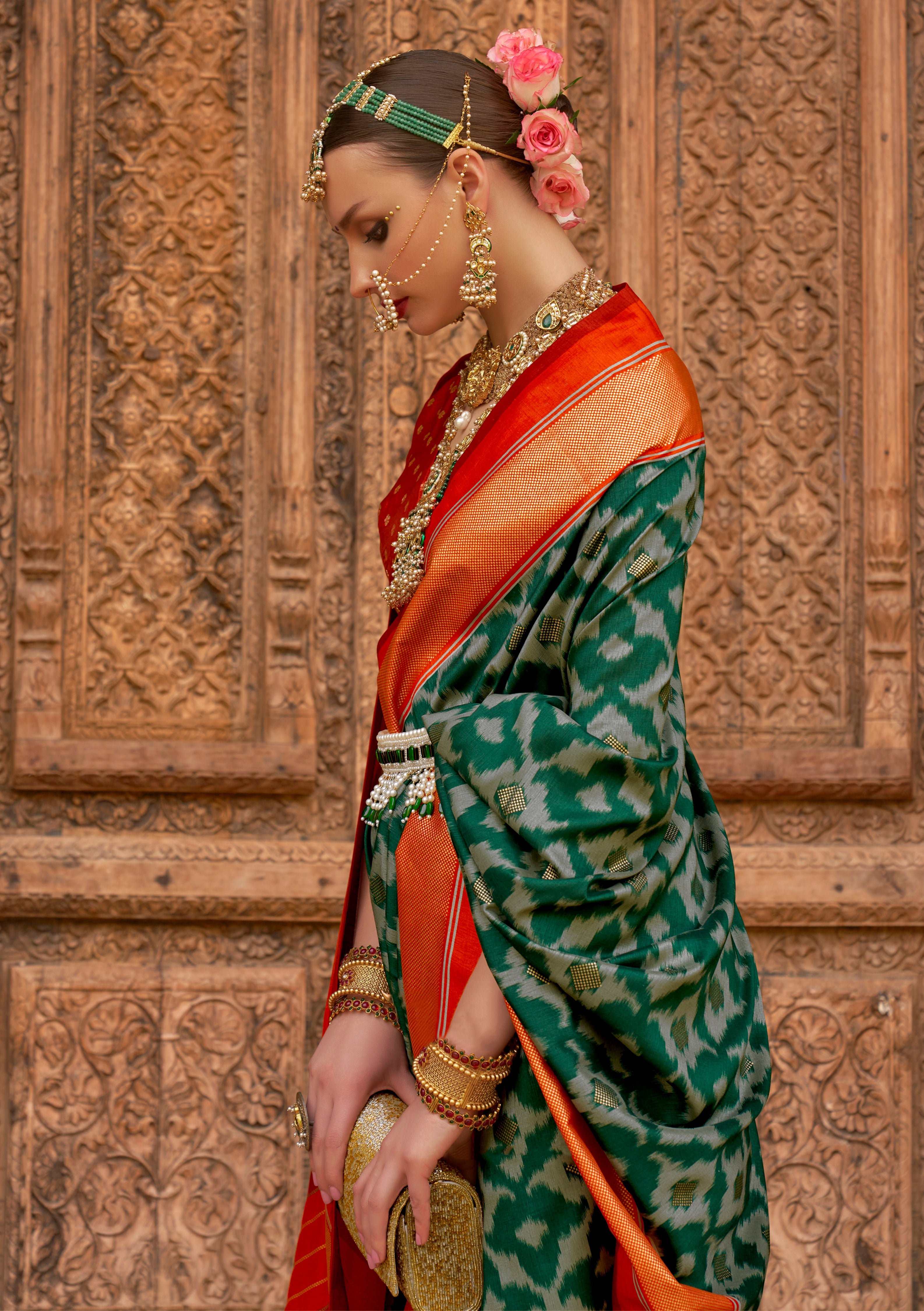 Green PV Silk Saree with  Printed