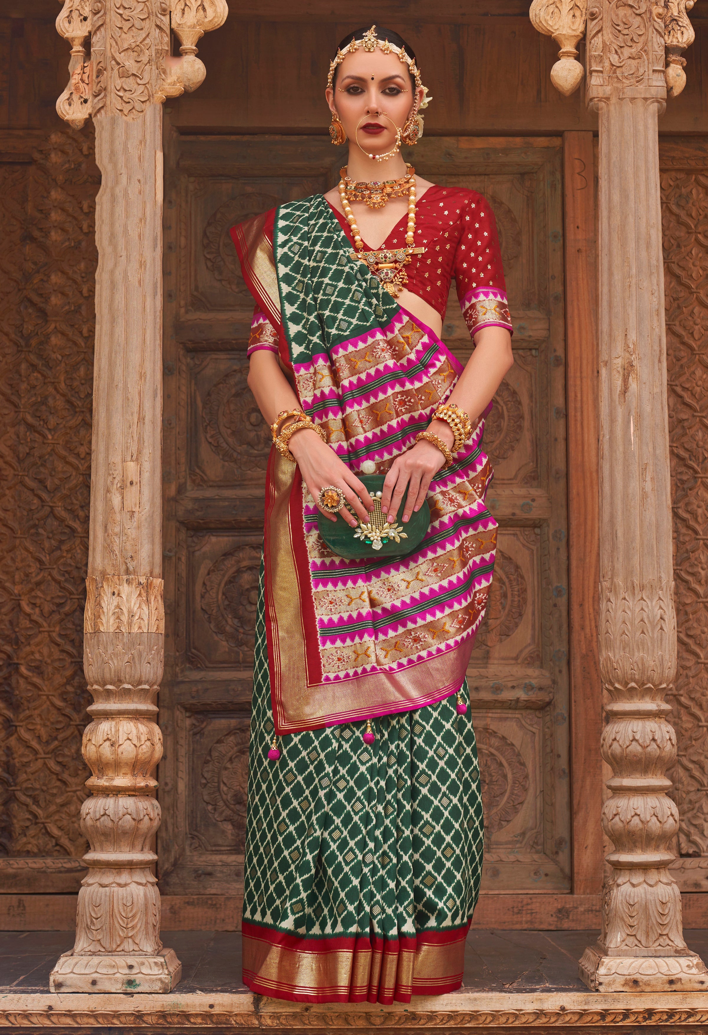 Green PV Silk Saree with  Printed