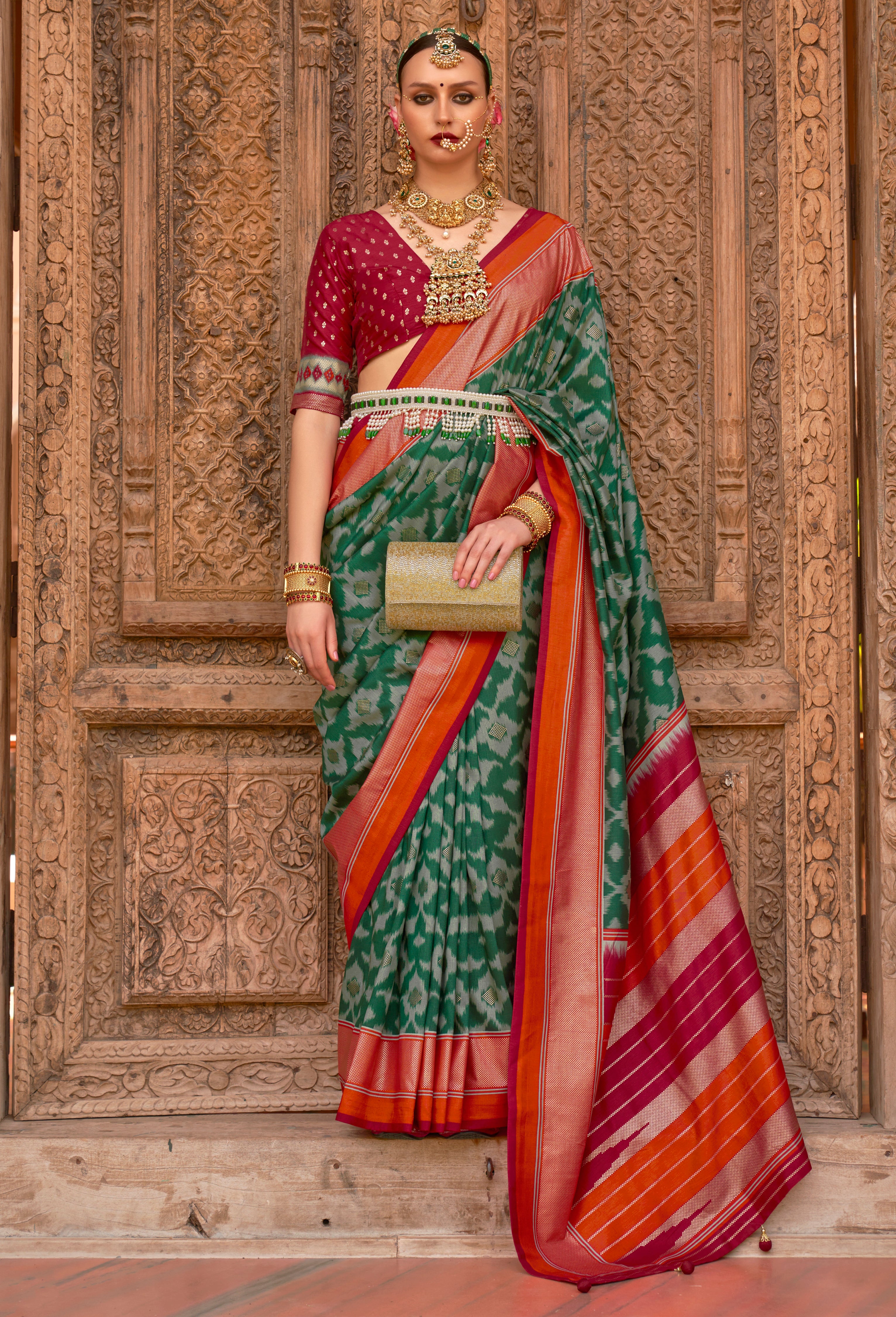 Green PV Silk Saree with  Printed