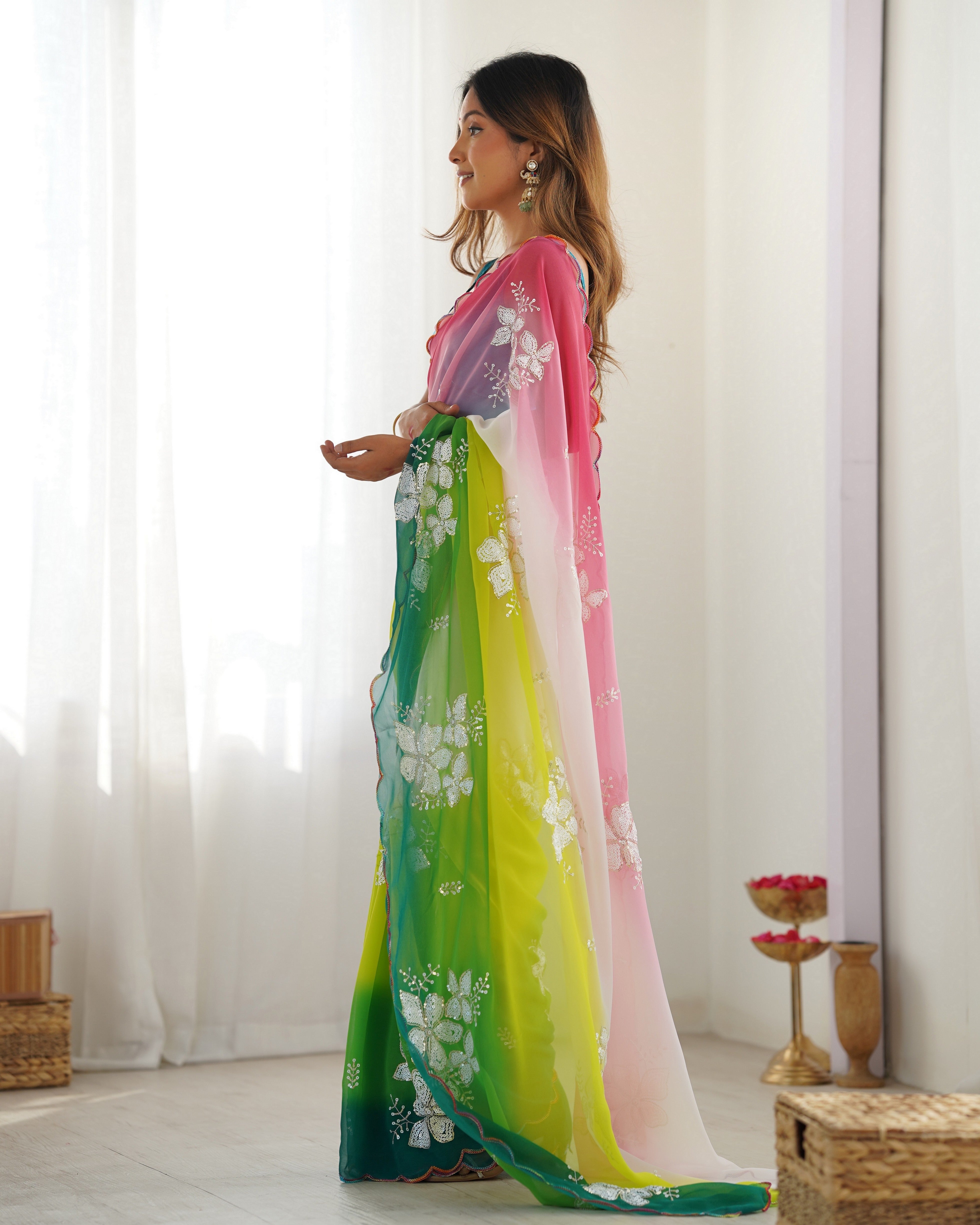 Green Padding Georgette Sequins Embroidered Saree