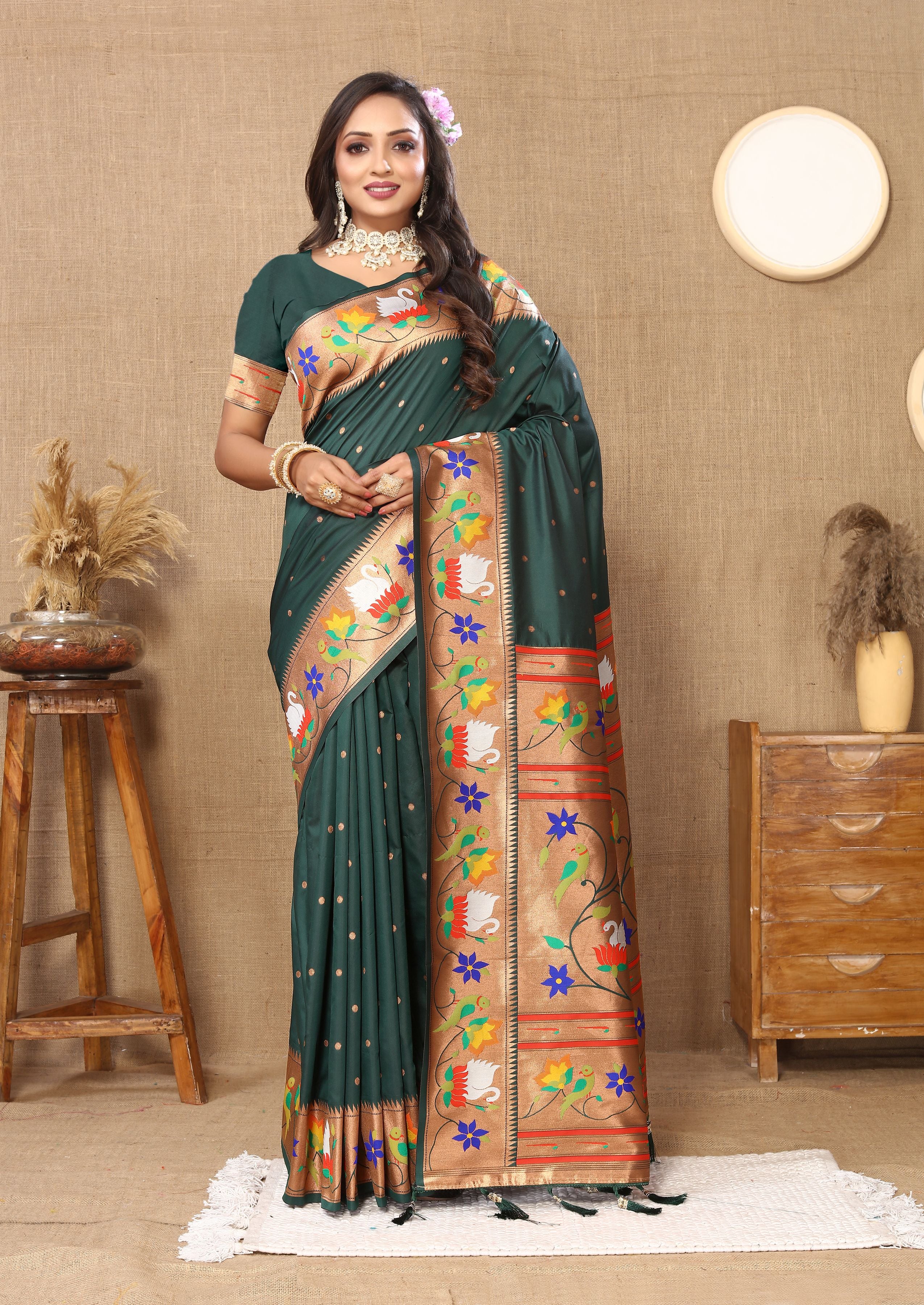 Green Paithani Silk Woven Meenakari Paithani Designer Ethnic Heavy Looks Saree