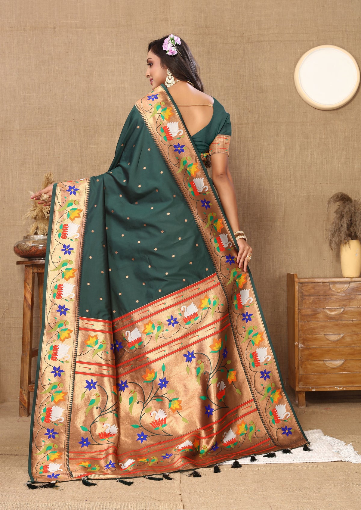 Green Paithani Silk Woven Meenakari Paithani Designer Ethnic Heavy Looks Saree