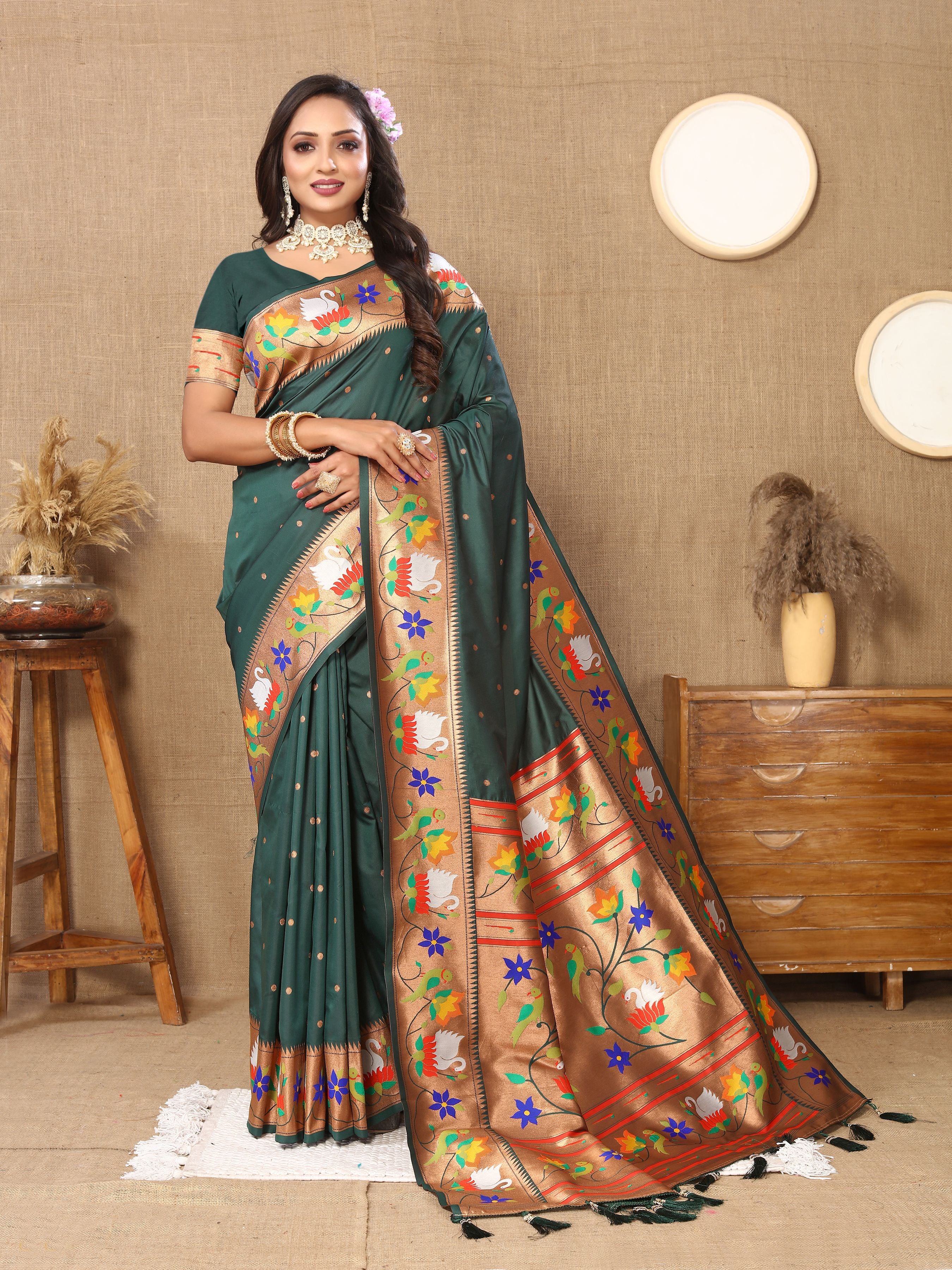 Green Paithani Silk Woven Meenakari Paithani Designer Ethnic Heavy Looks Saree