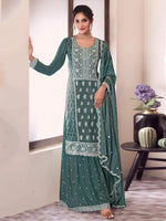 Green Palazzo Style Salwar Suit With Heavy Embroidery Work