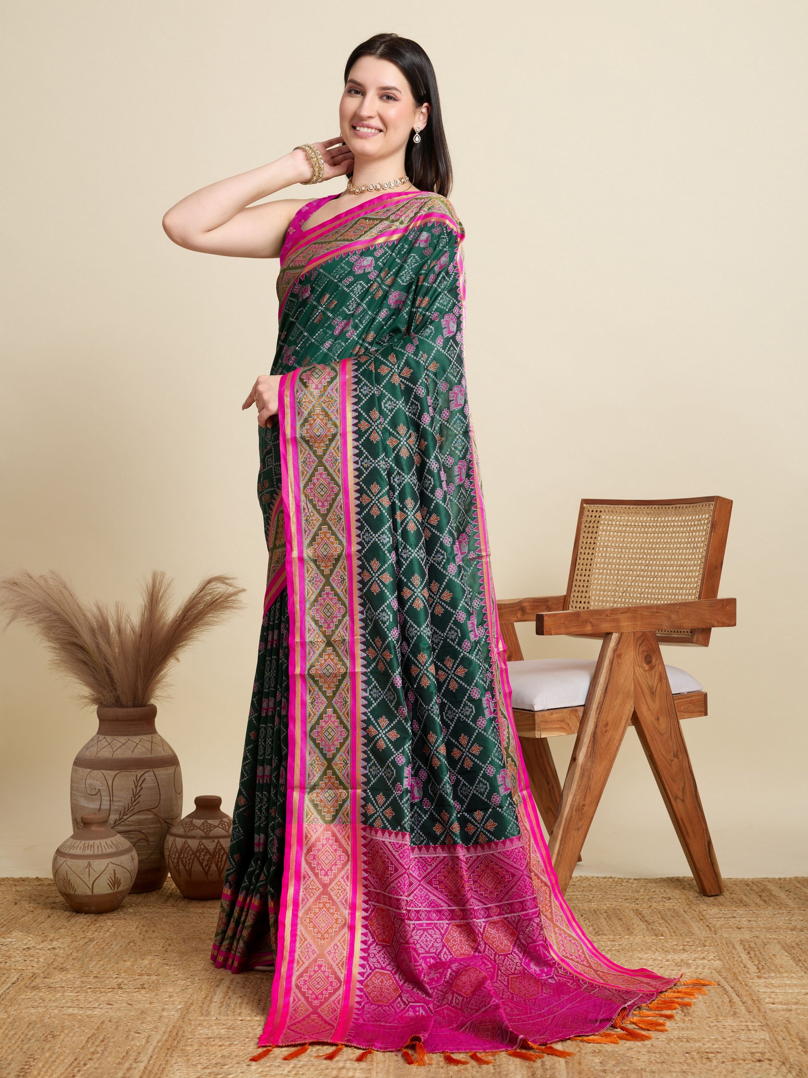 Green Patola Silk Woven Meenakari Designer Partywear Saree