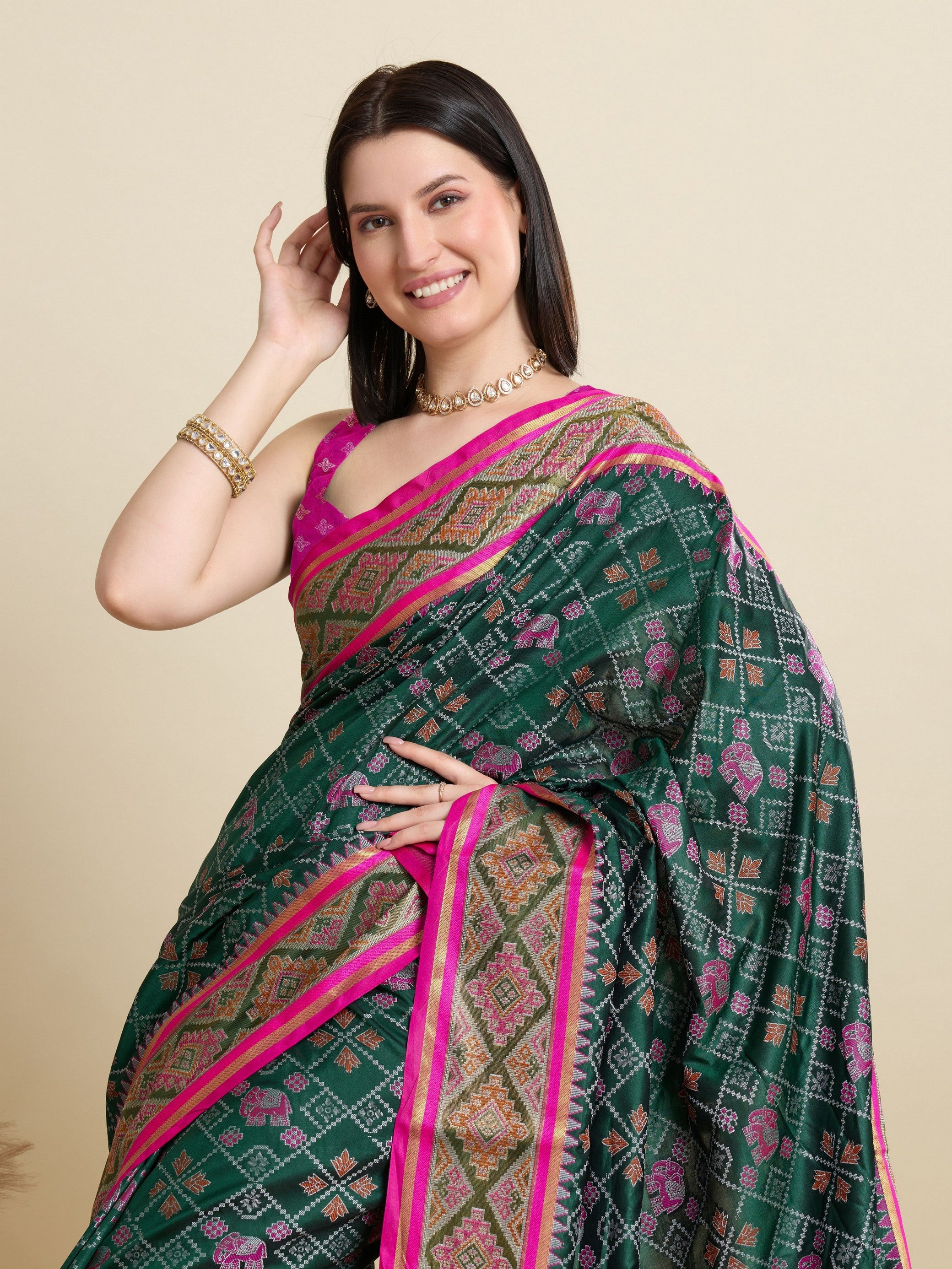 Green Patola Silk Woven Meenakari Designer Partywear Saree