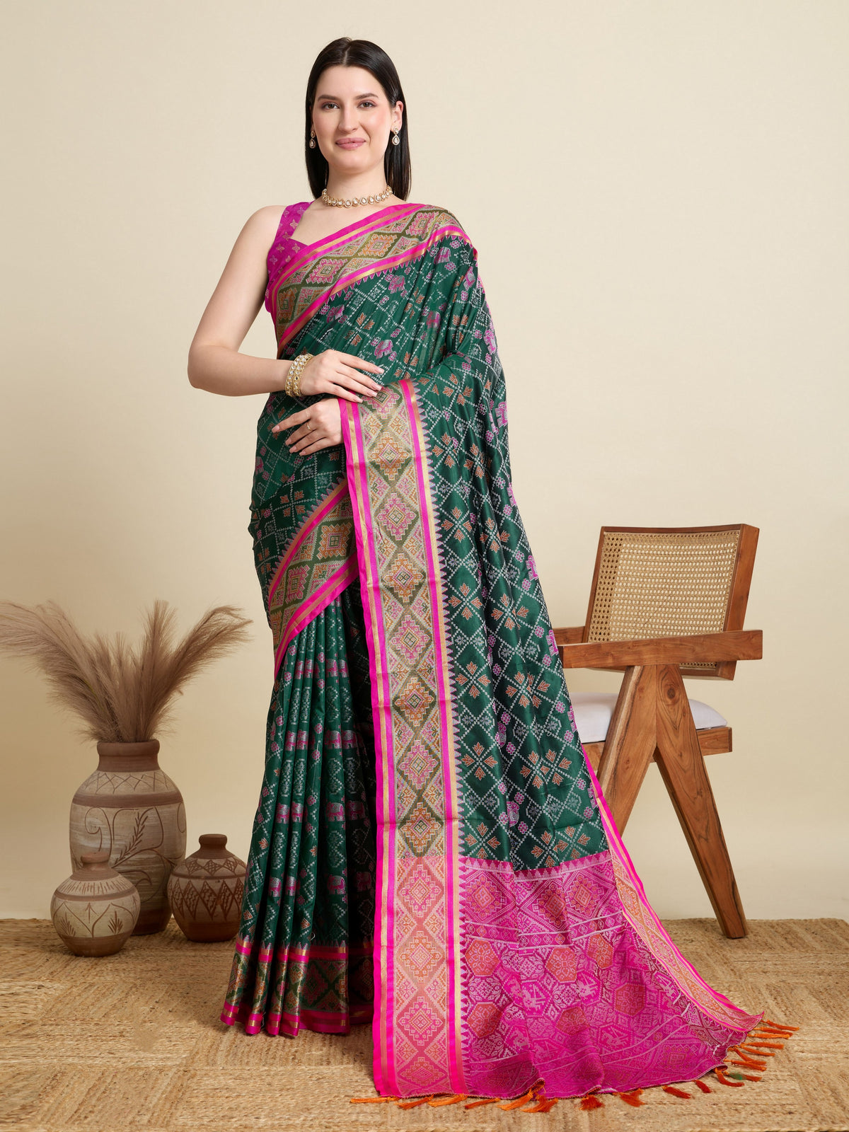 Green Patola Silk Woven Meenakari Designer Partywear Saree