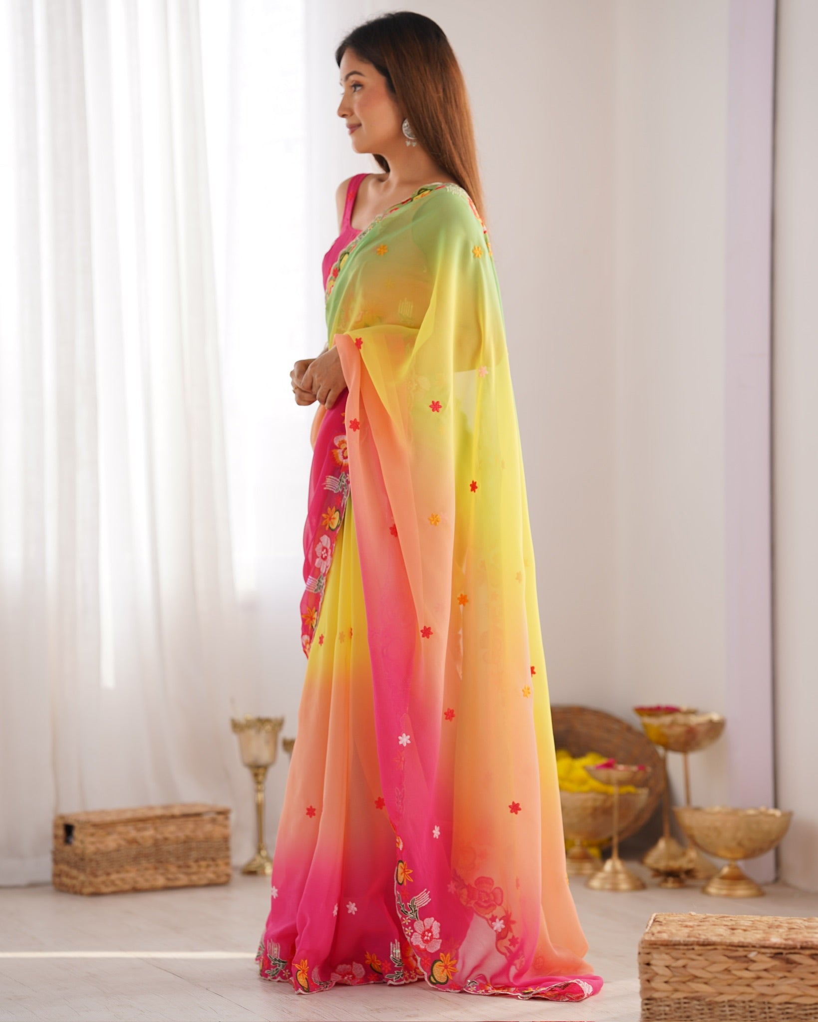 Green Pedding With Embroidery Work Bollywood Style Georgette Saree