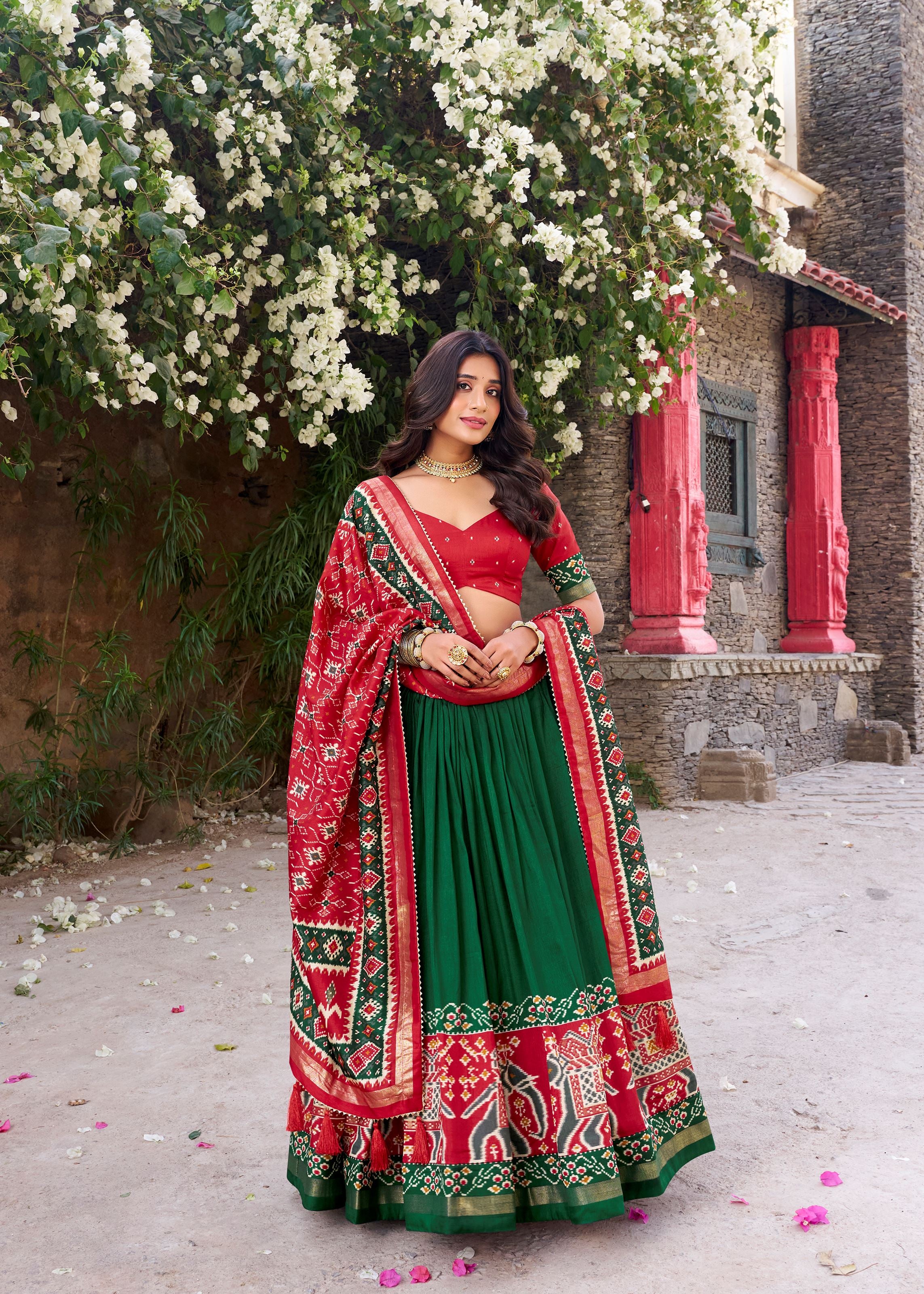 Green Perfection Patola Printed Tussar Silk Lehenga with Foil Highlights