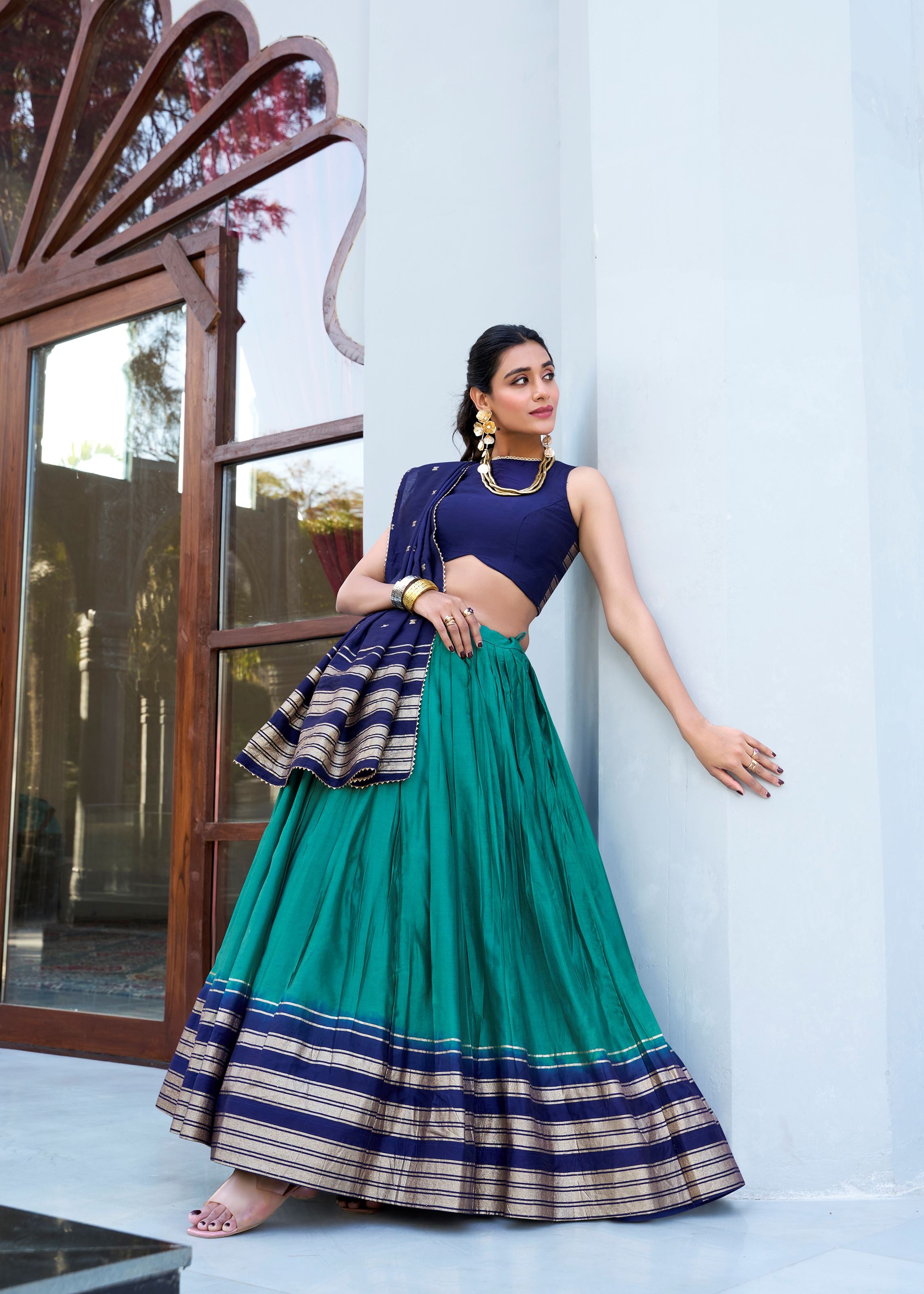 Green Pure Chanderi Lehenga in Firozi Green with Zari Charm