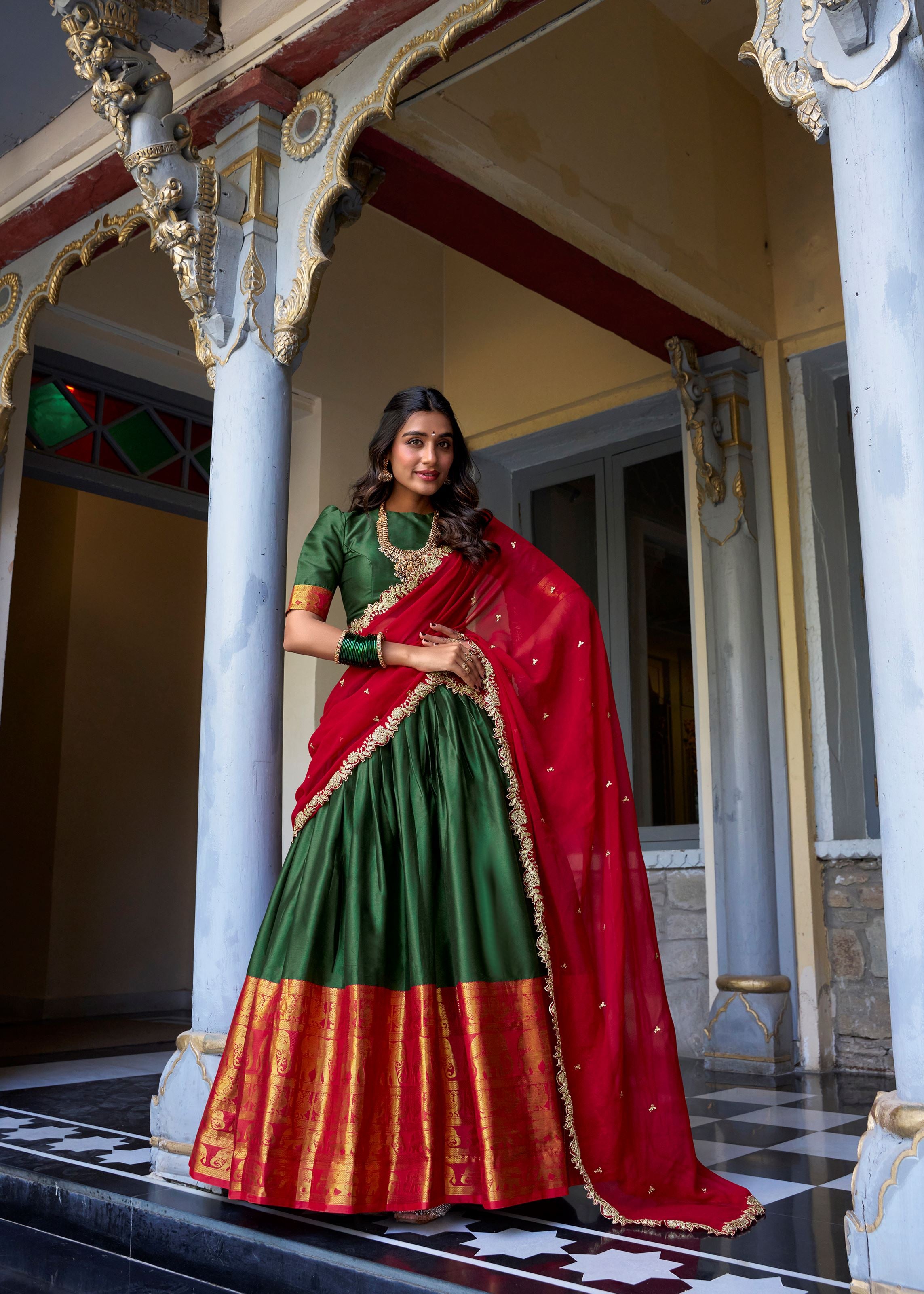 Green Radiance Narayan Pattu Lehenga Embellished With Exquisite Zari Weaves