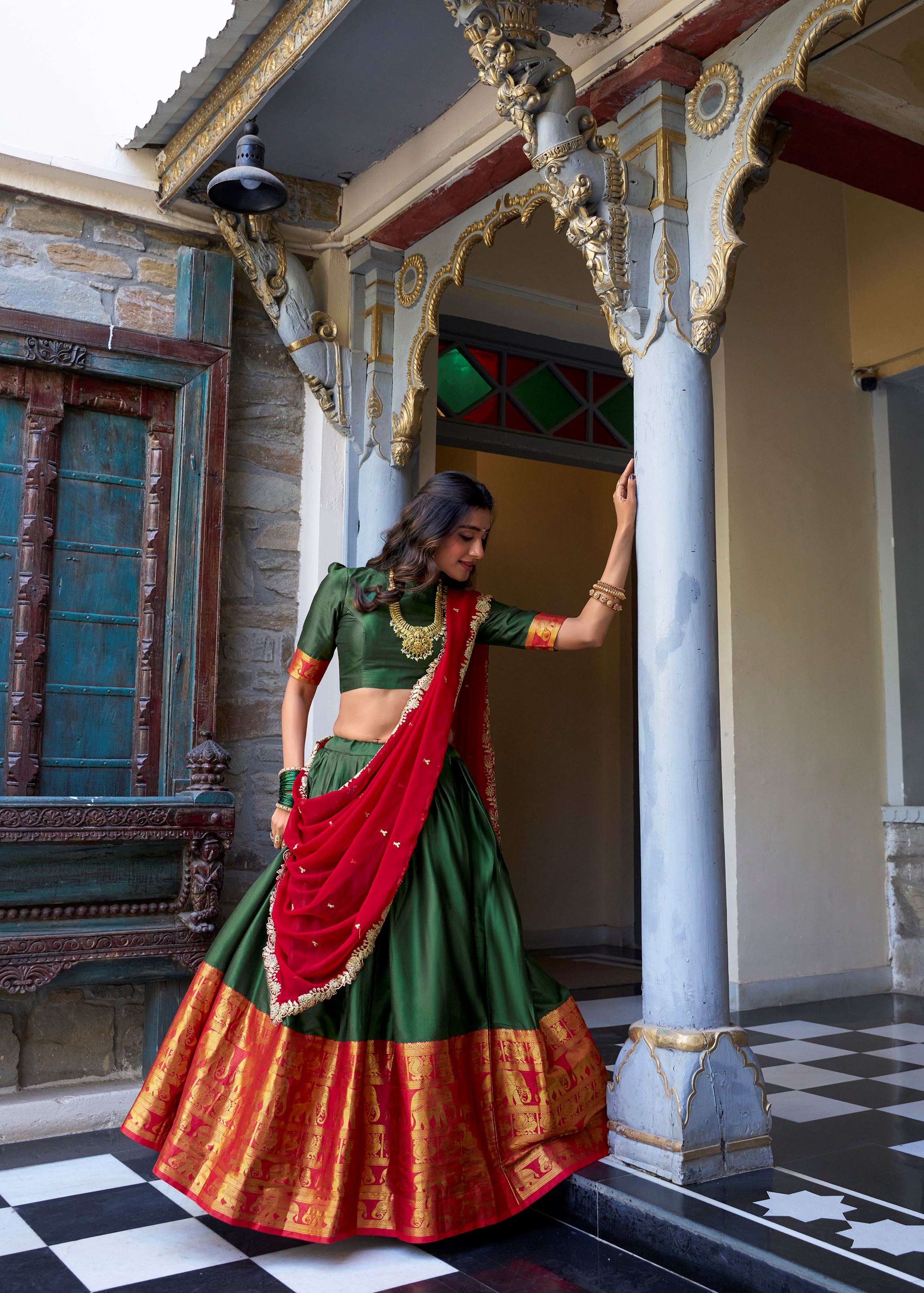 Green Radiance Narayan Pattu Lehenga Embellished With Exquisite Zari Weaves
