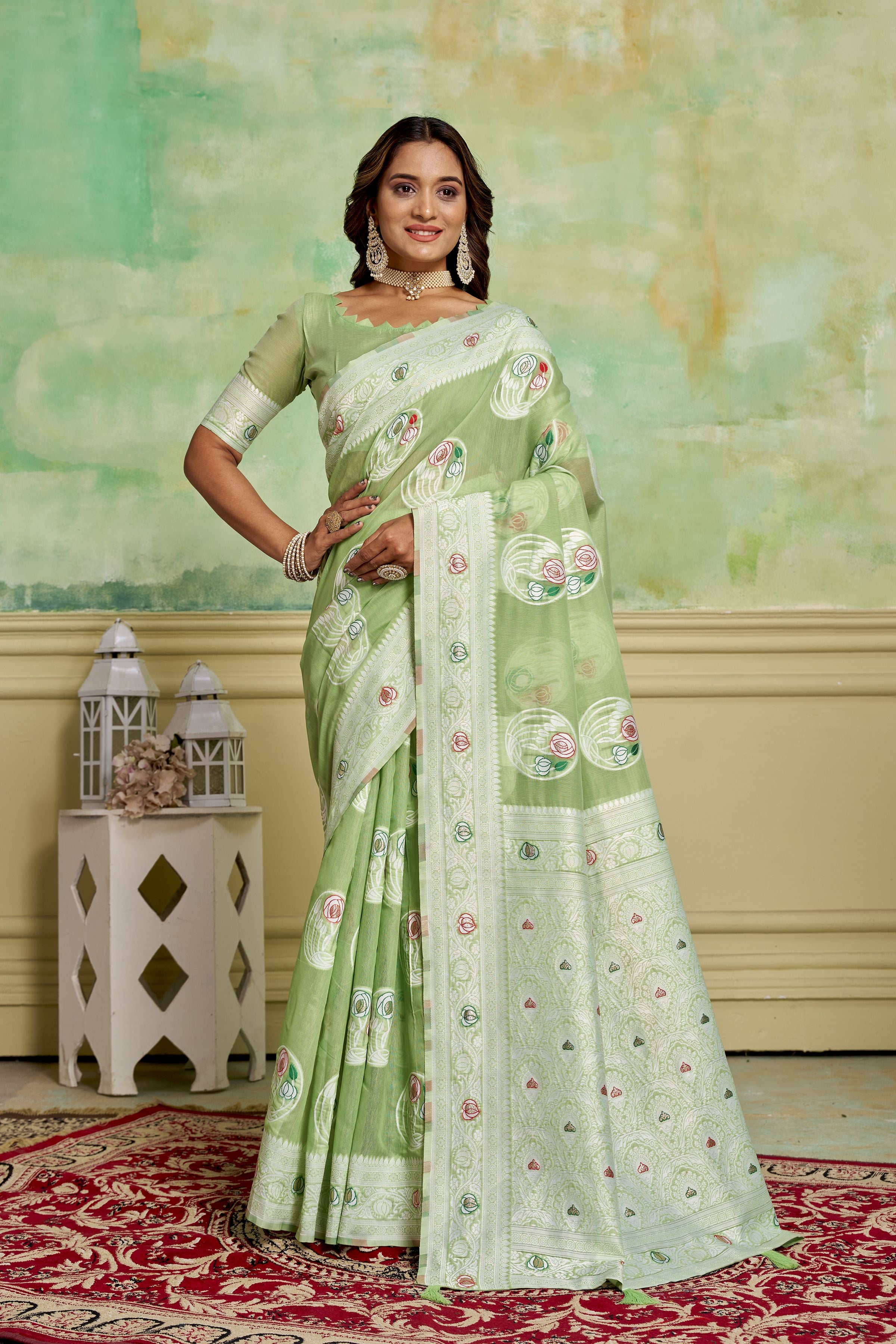 Green Rich And Elegant Woven Designer Cotton Fabric Saree