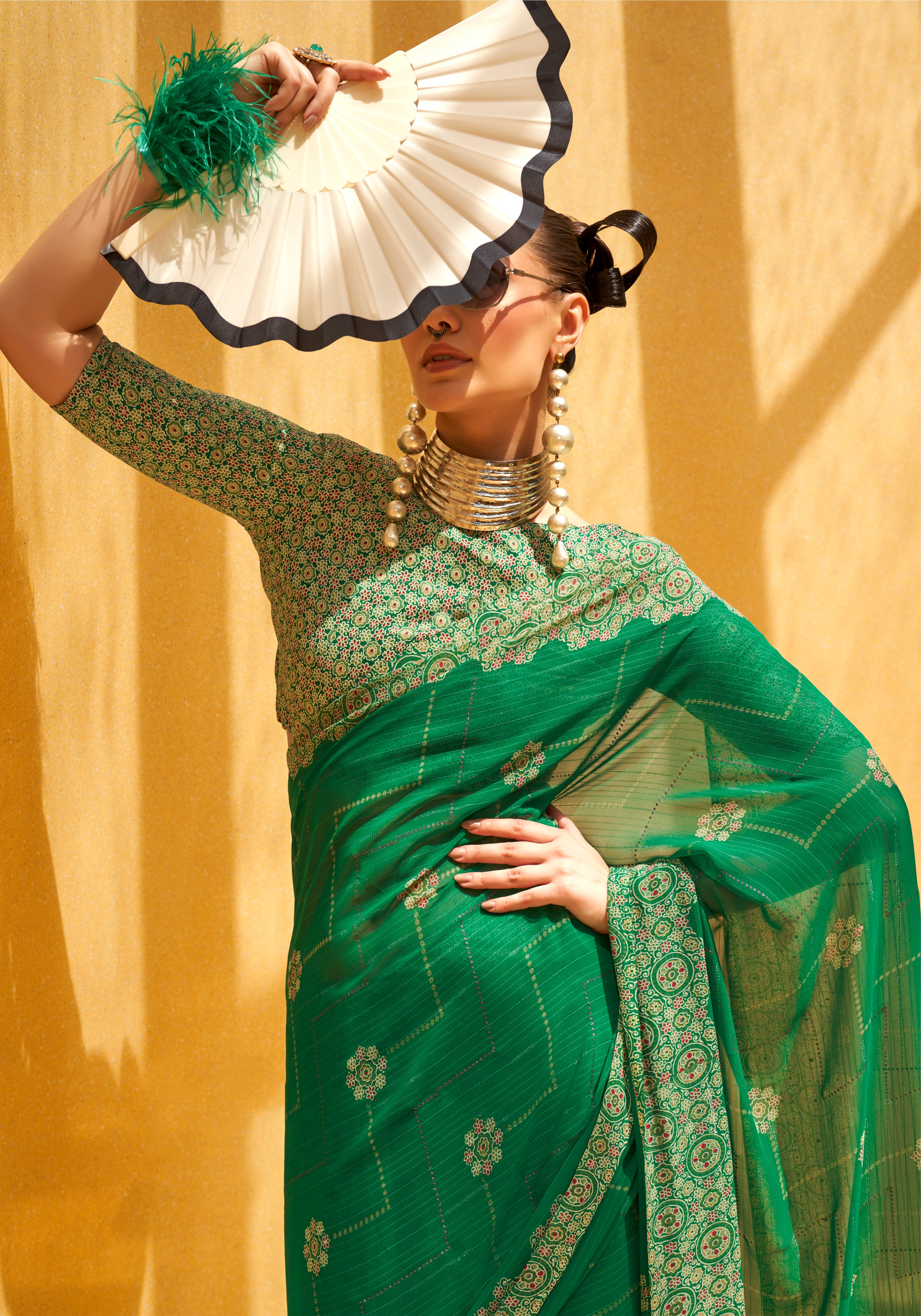 Green Saree With Printed Work