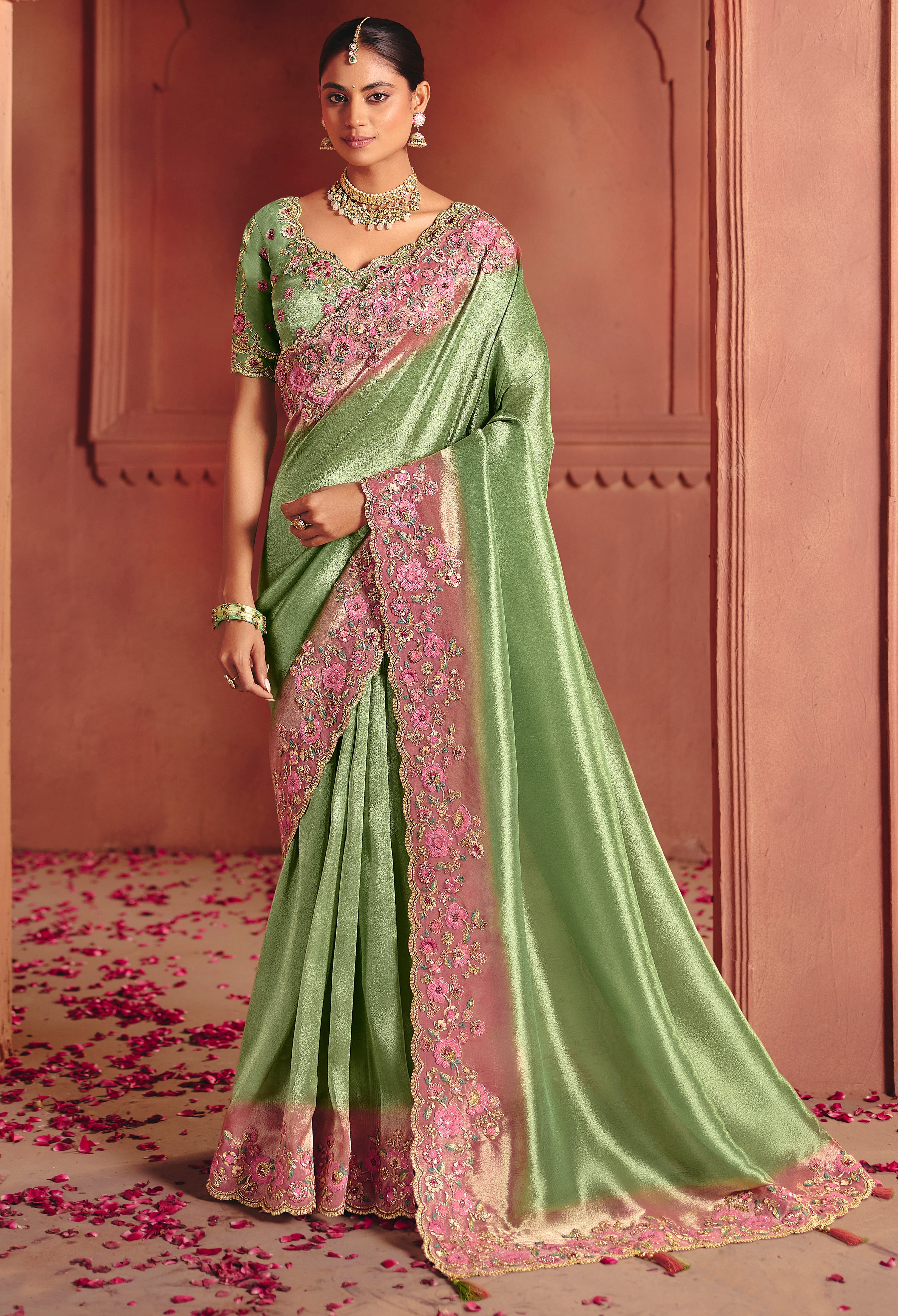 Green Saree With  Sequin, Thread, Weaving Heavy Embroidery Work  With Heavy Embroidery Work Blouse