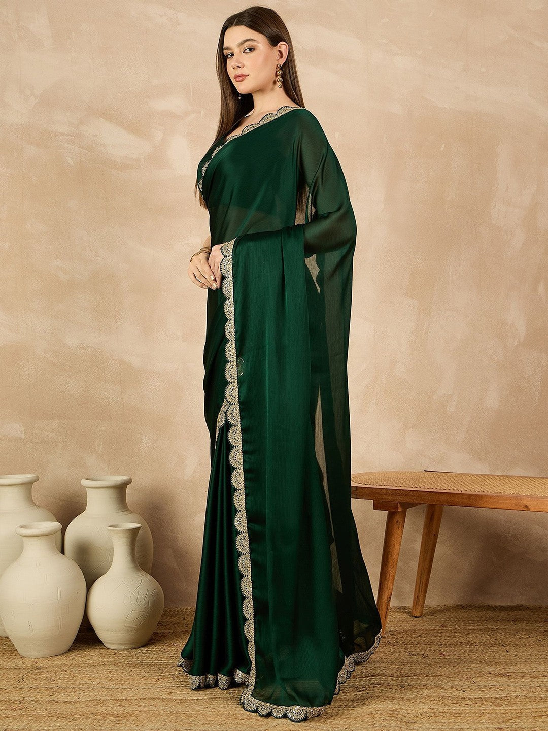 Green Satin Chiffon Saree With Plain Saree With Embroidery Cut Work Lace