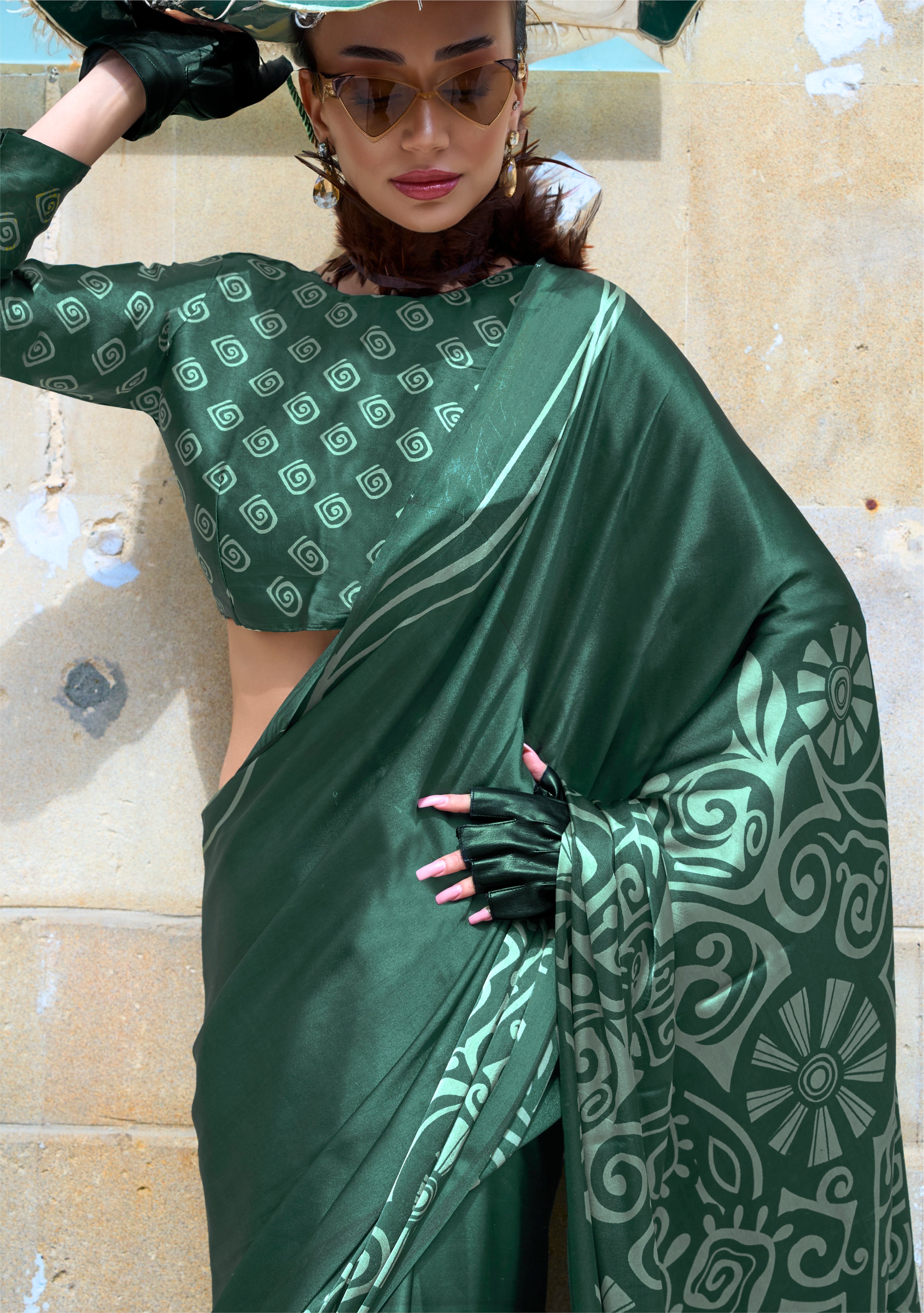 Green Satin Saree With  Digital Print