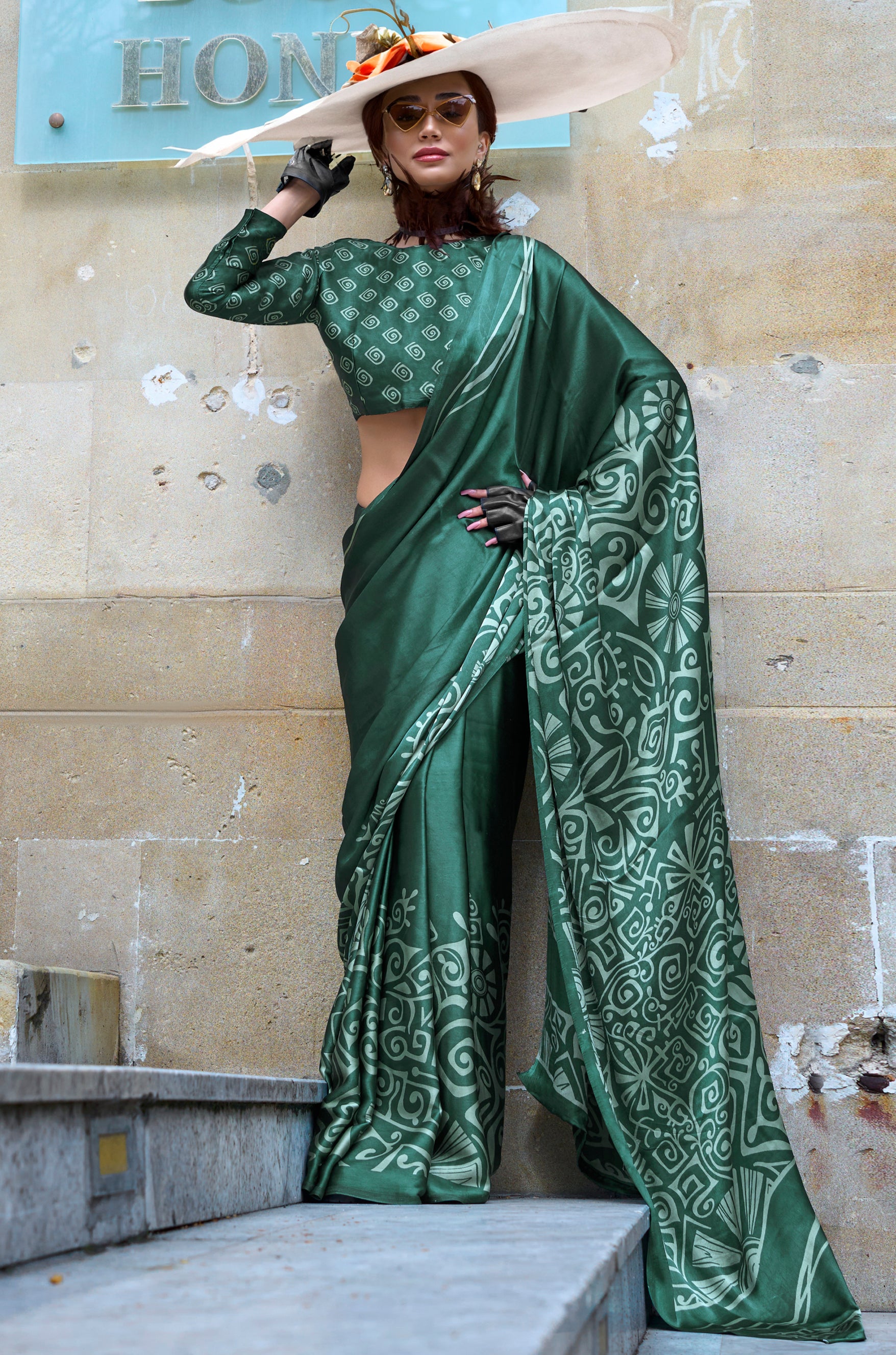Green Satin Saree With  Digital Print