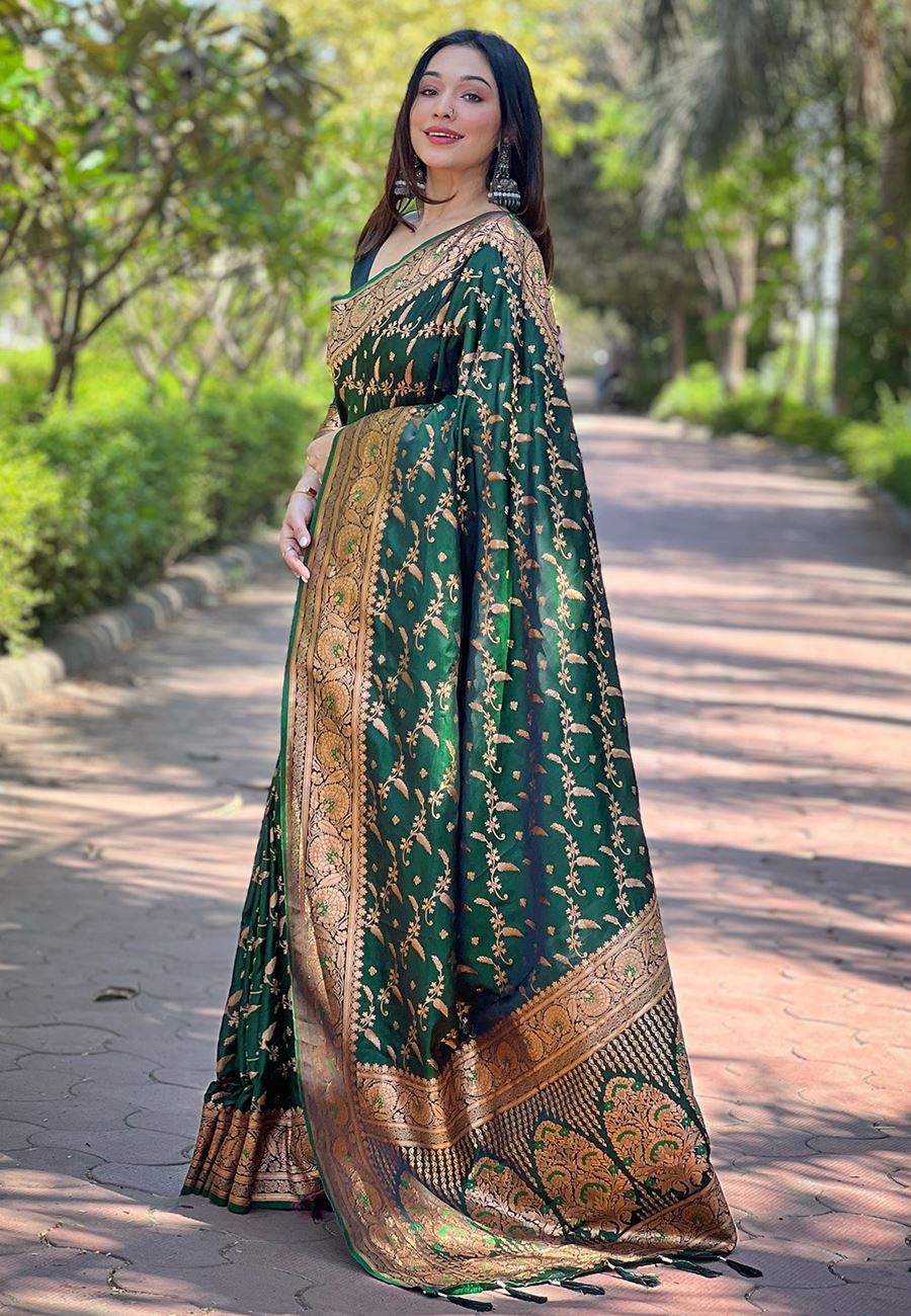 Green Satin Saree With Woven Work