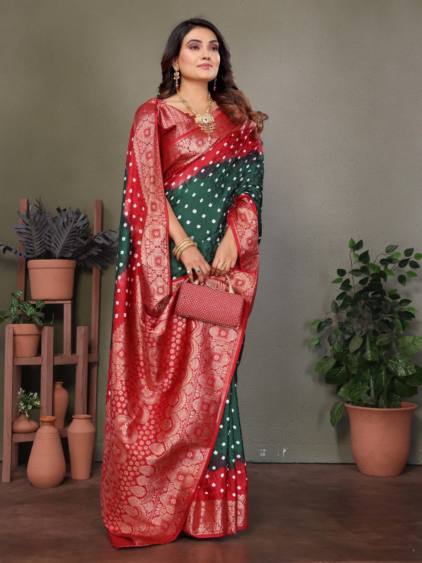 Green Satin Silk Saree With Designer Bandhej Zari Weaving
