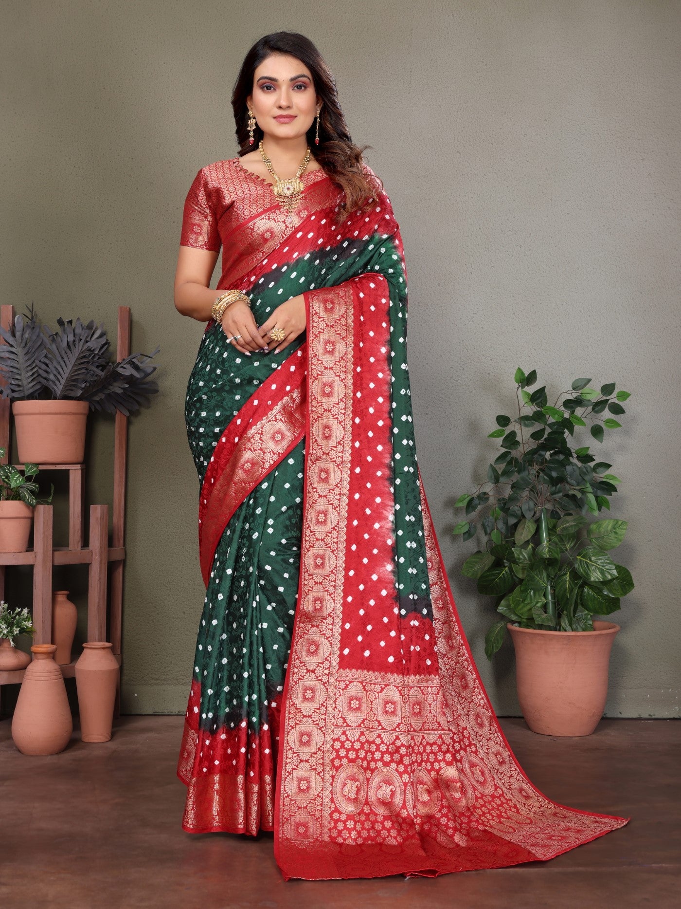 Green Satin Silk Saree With Designer Bandhej Zari Weaving