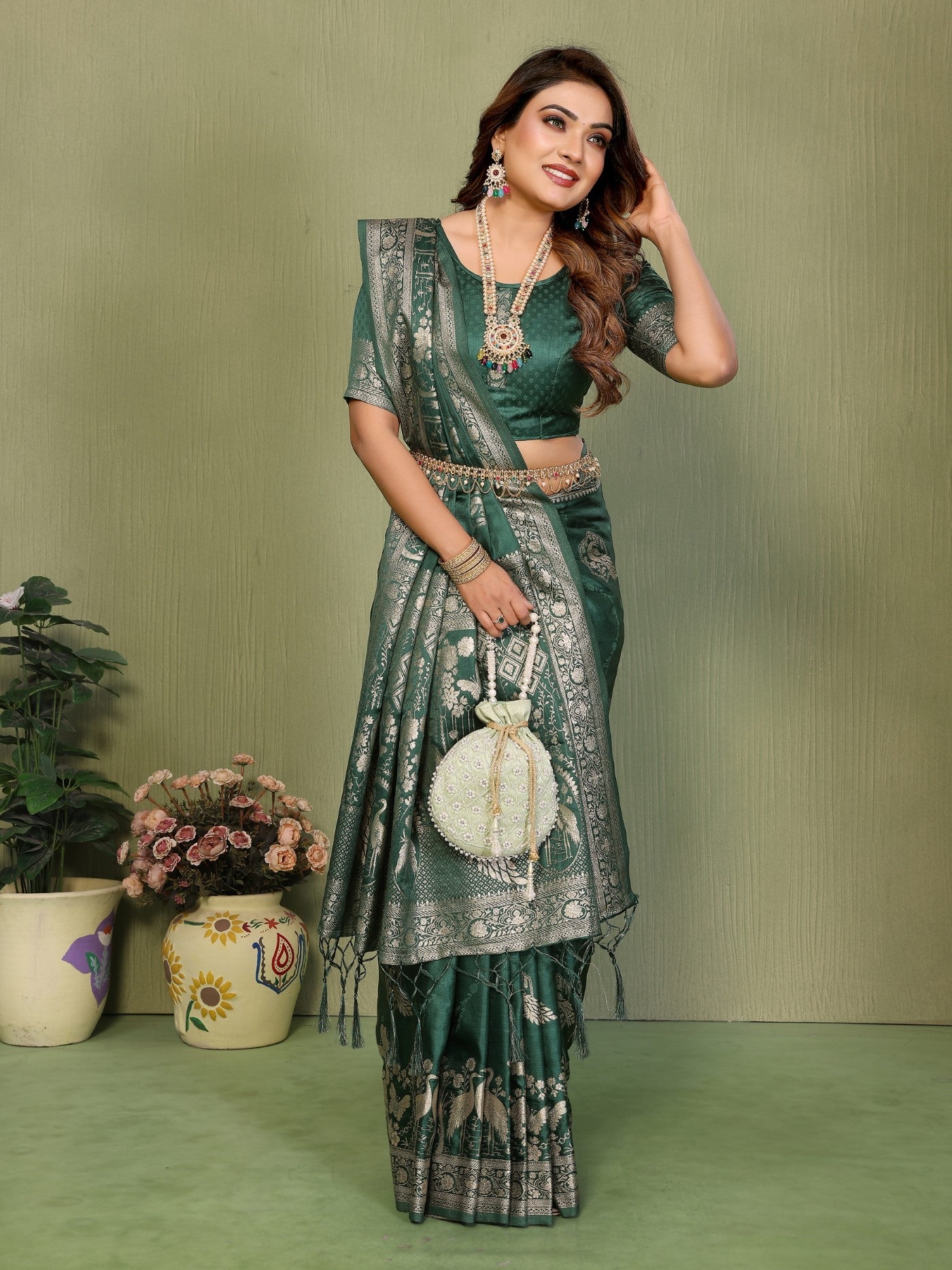 Green Satin Silk Saree With Premium Zari Weaving Butta