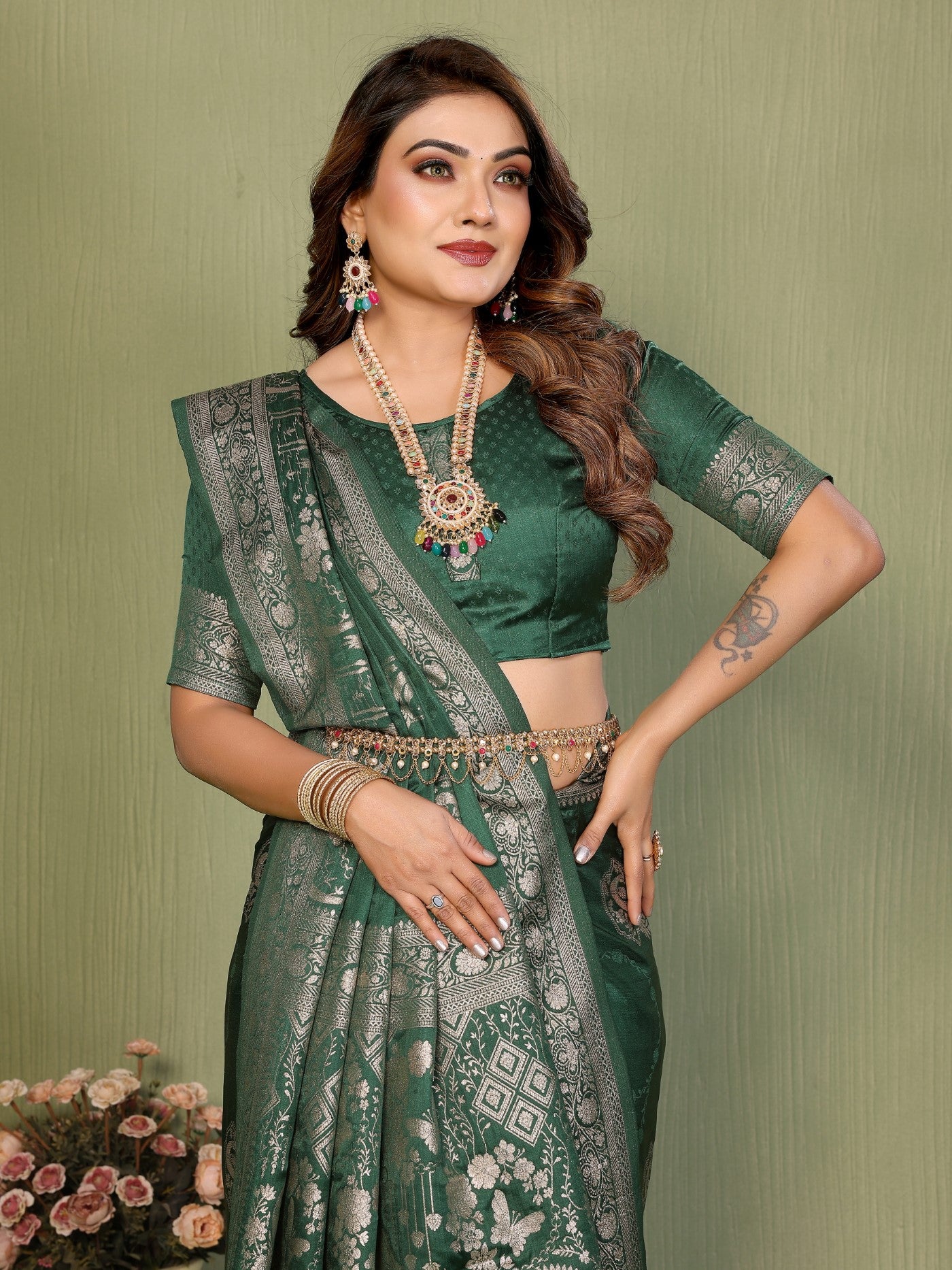 Green Satin Silk Saree With Premium Zari Weaving Butta