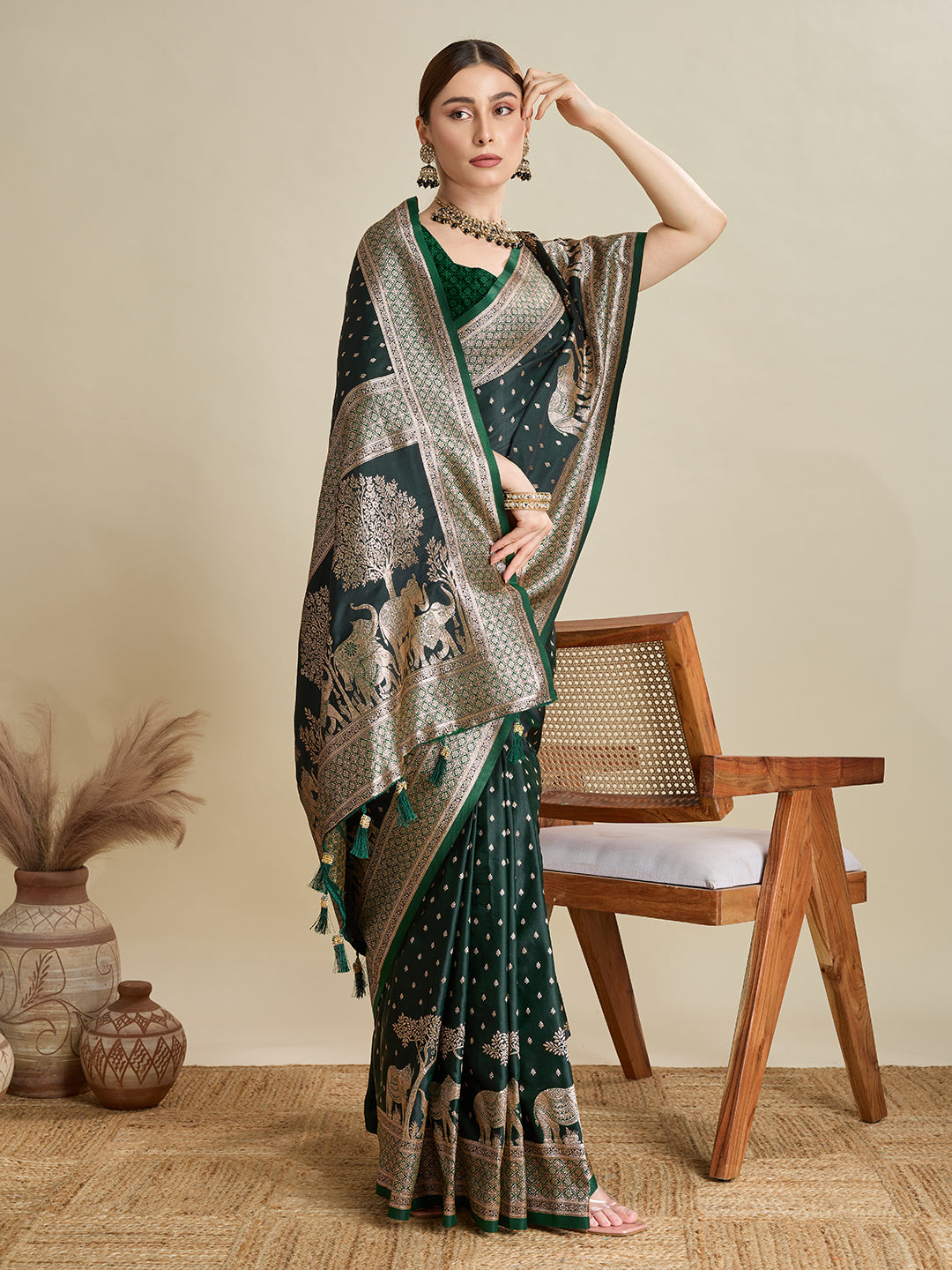 Green Satin Silk Woven Designer Partywear Saree