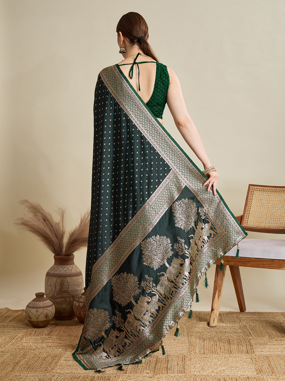 Green Satin Silk Woven Designer Partywear Saree