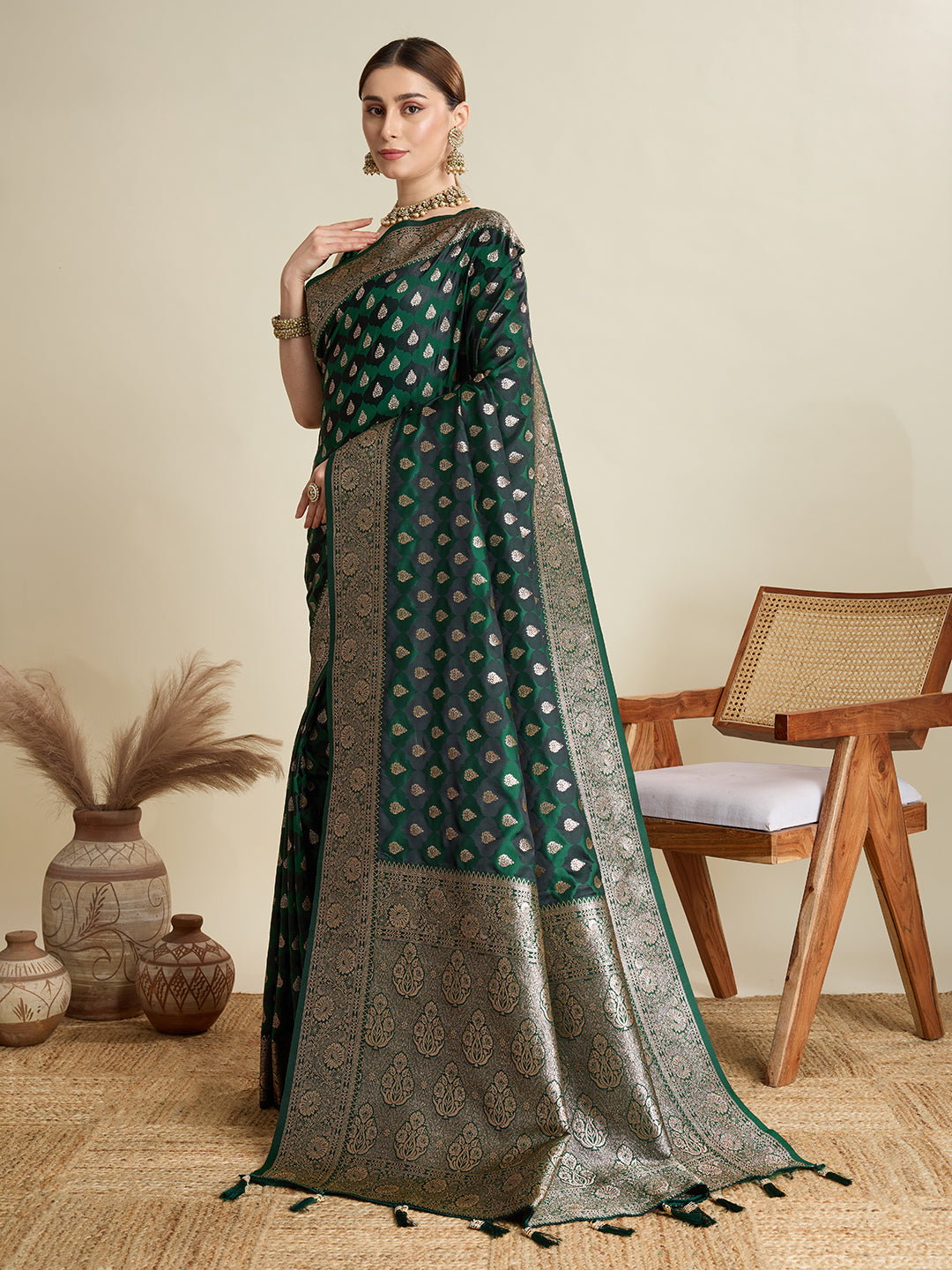 Green Satin Silk Woven Jari Designer Graceful Ethnic Saree