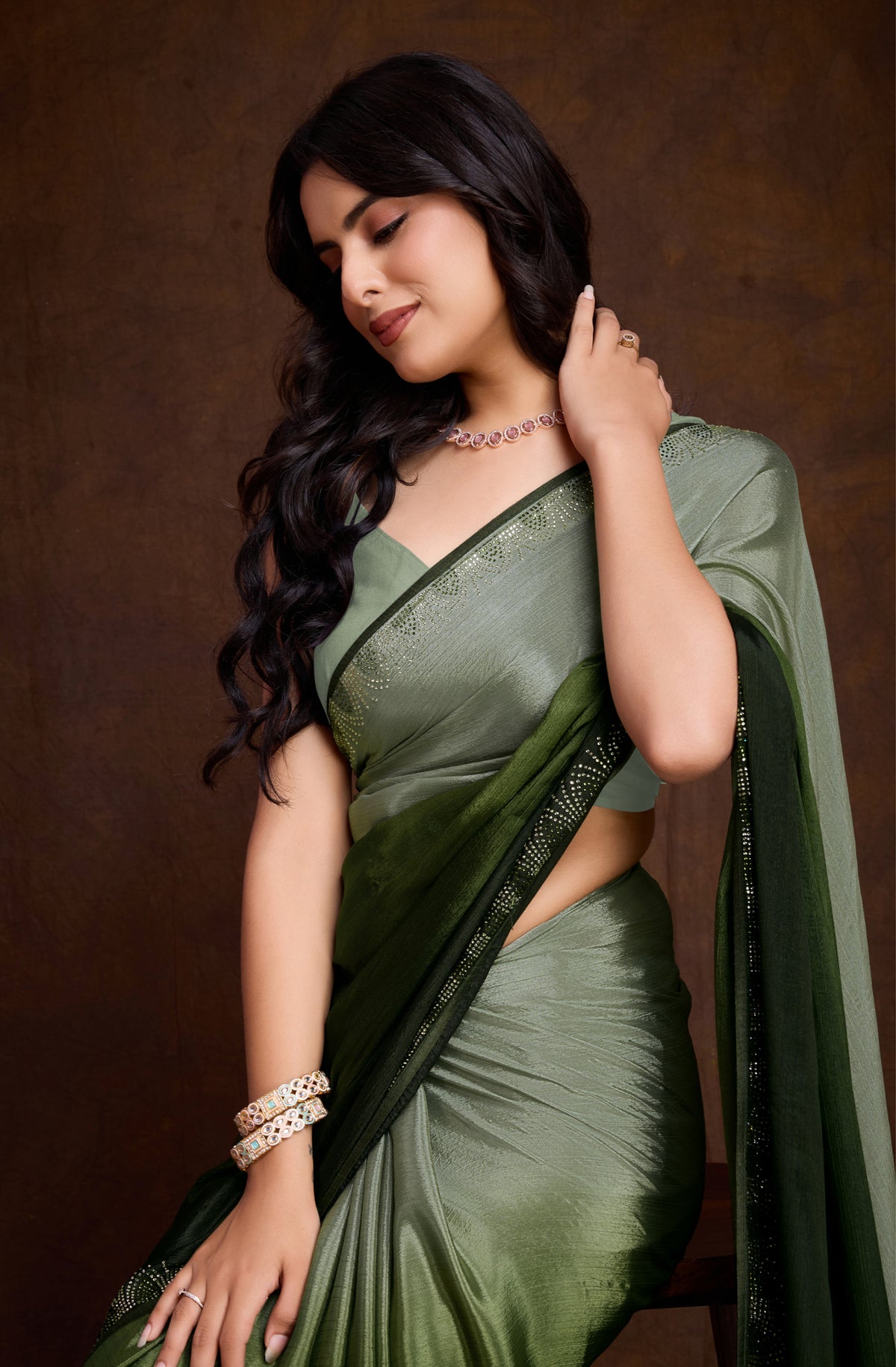 Green Shaded Chinon Saree with Elegant Swarovski Border Work