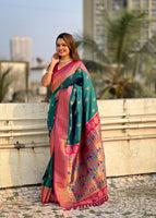Green Silk Blend Paithani Saree With Woven Work