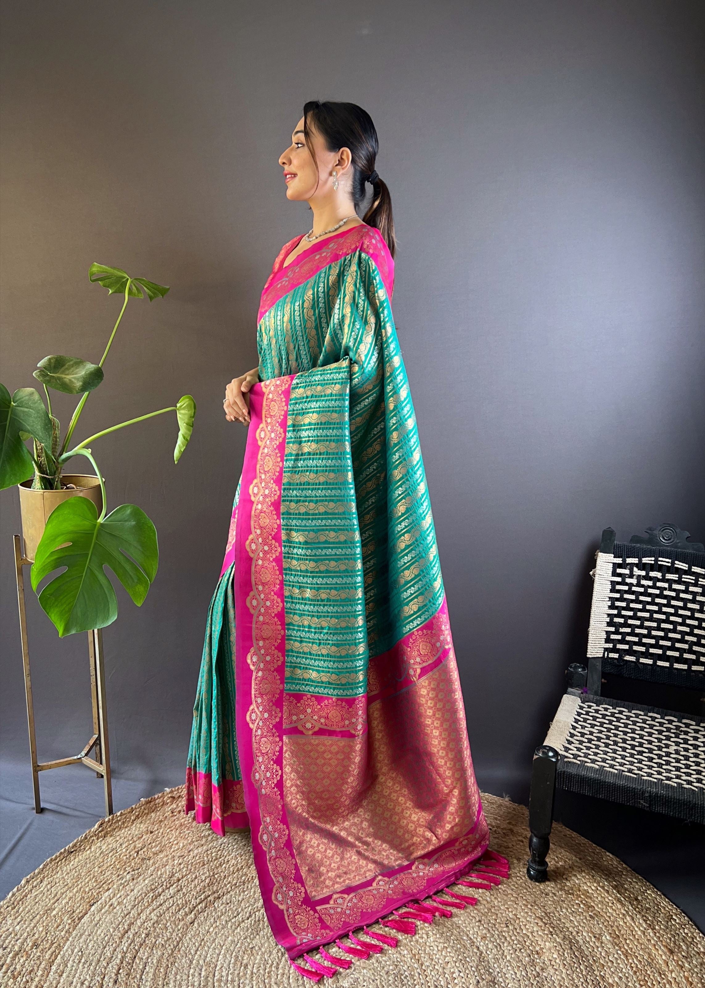Green Silk Blend Saree With Zari and Woven Work