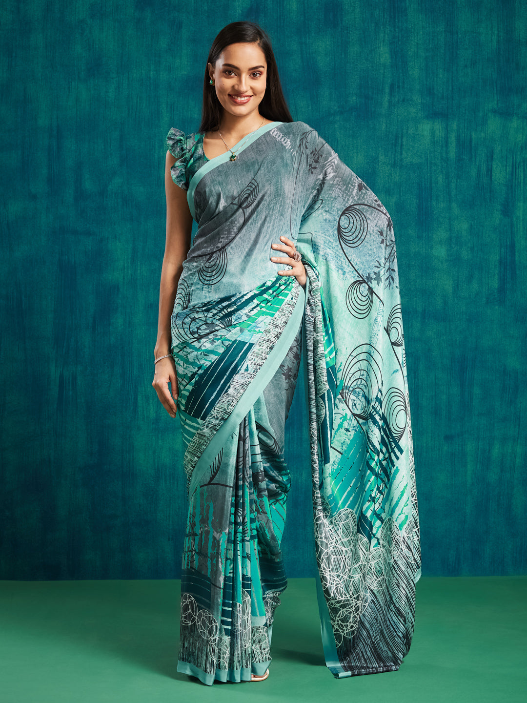 Green Silk Crepe Designer Printed Ready To Wear Saree