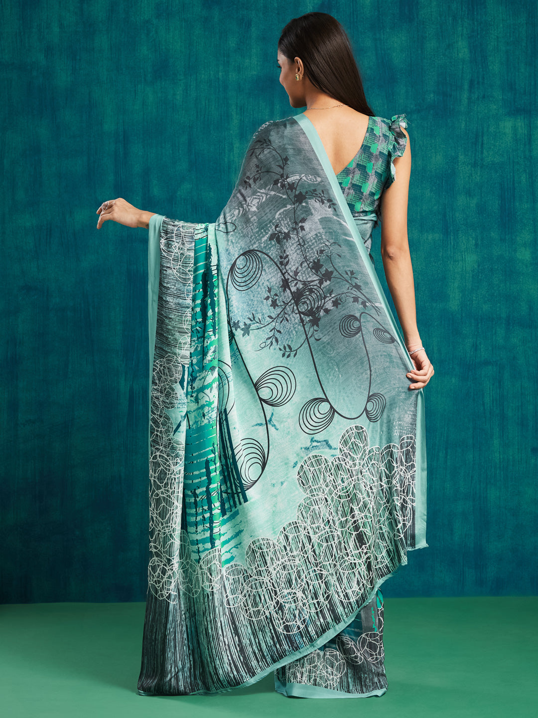 Green Silk Crepe Designer Printed Ready To Wear Saree