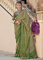 Green Silk Saree With  Ajrakh Print