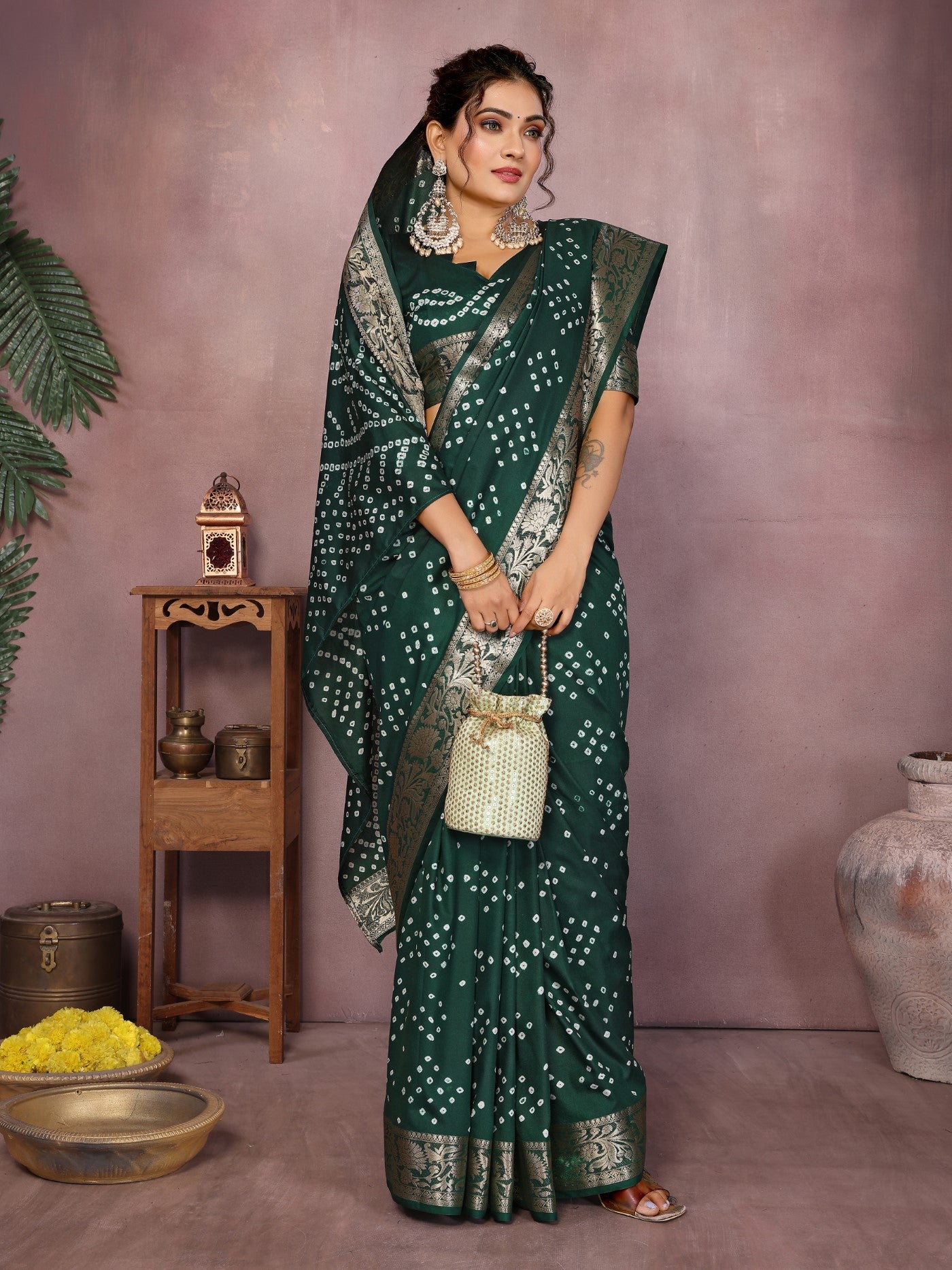 Green Silk Saree With Bandhej And Zari Weaving