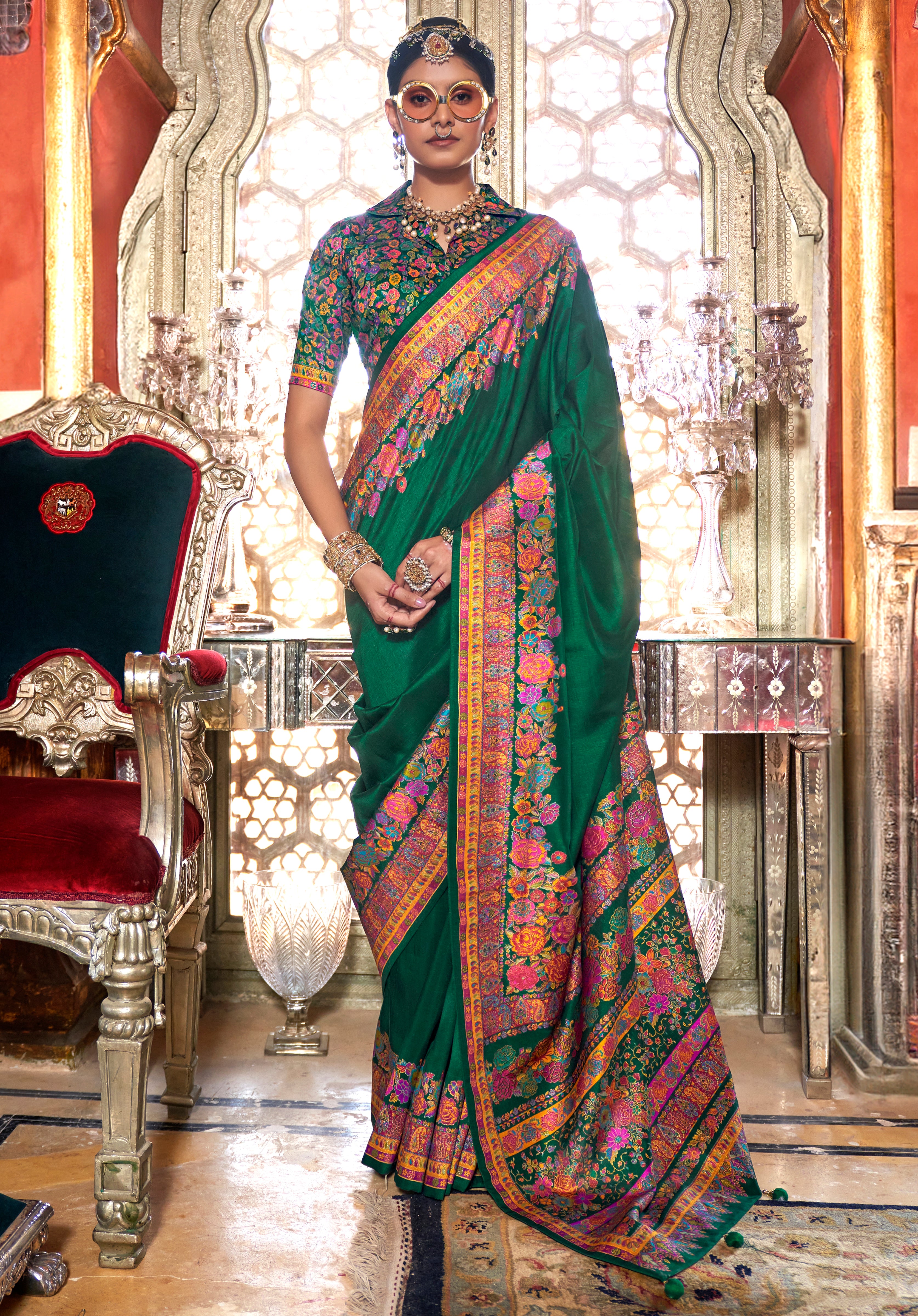 Green Silk Saree With  Floral Print