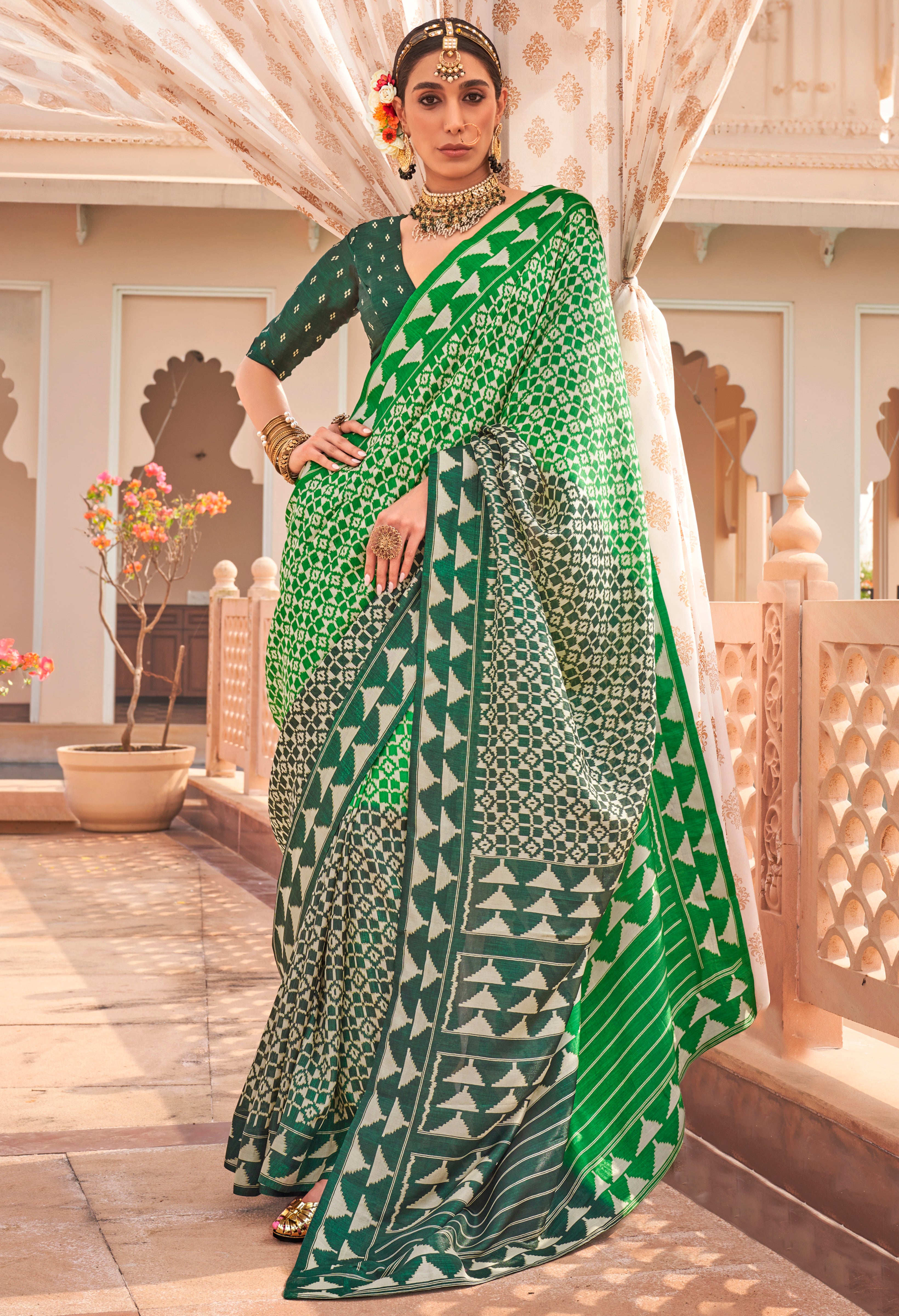 Green Silk Saree With  Patola Print