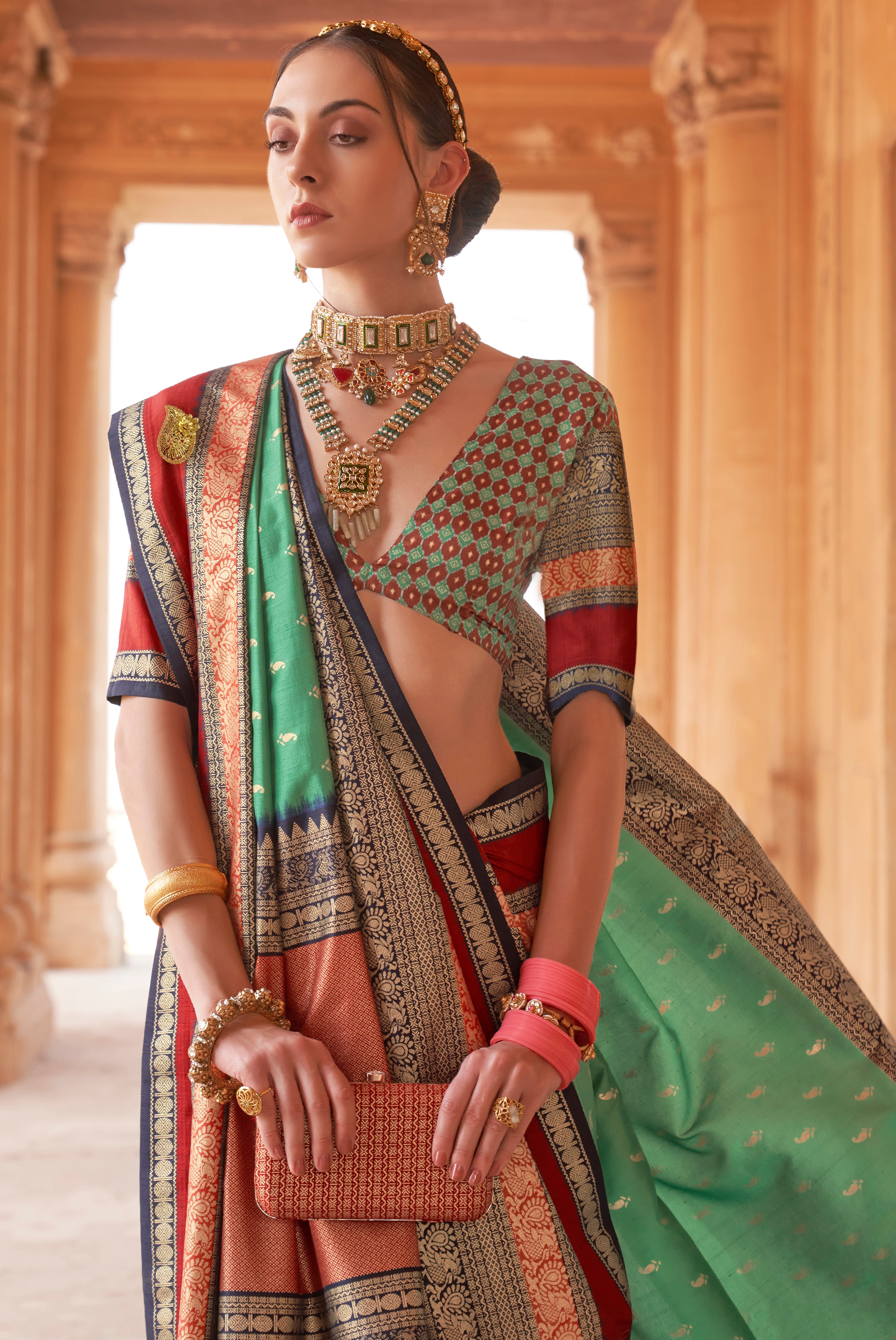 Green Silk Saree with  Jacquard Woven Work