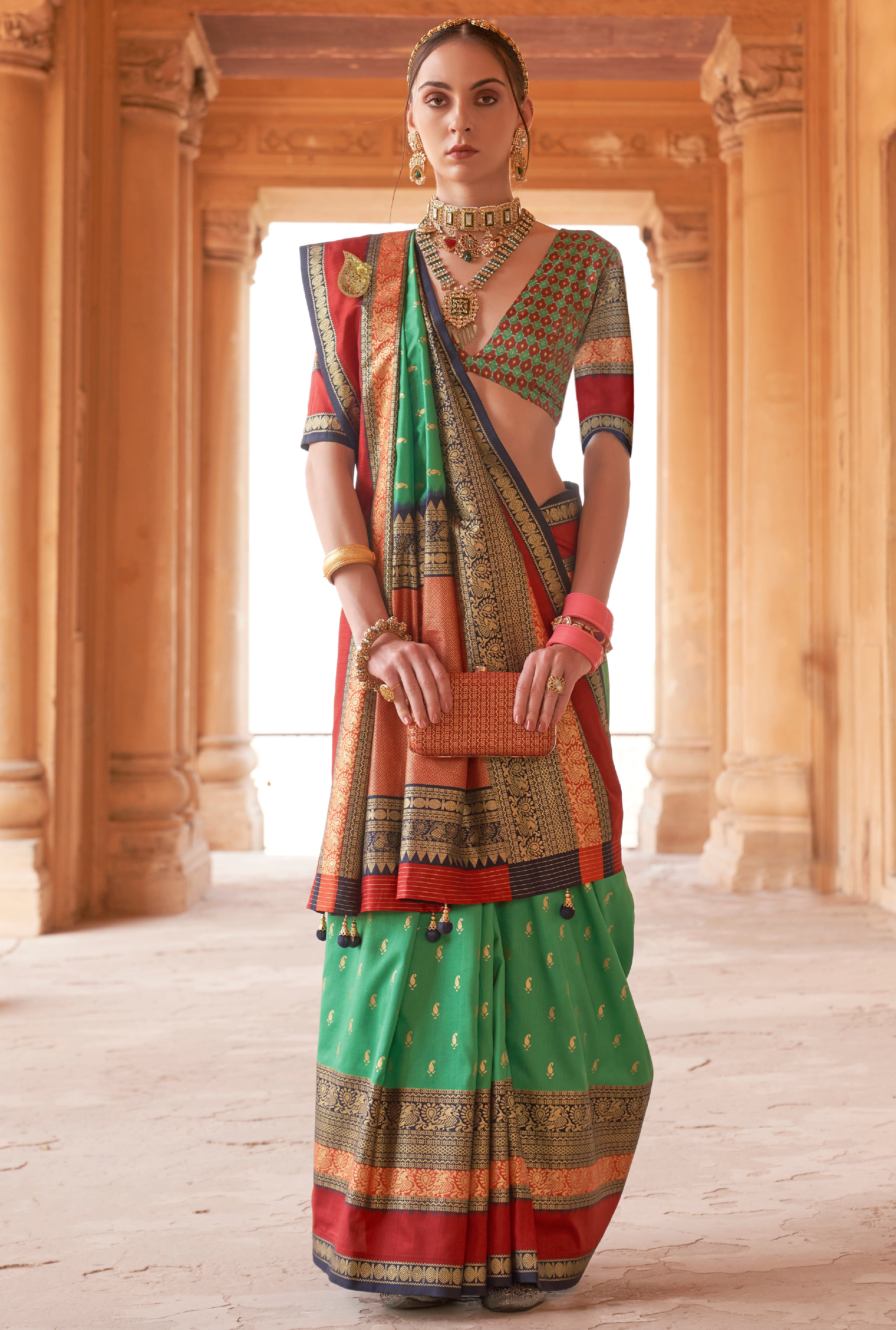 Green Silk Saree with  Jacquard Woven Work