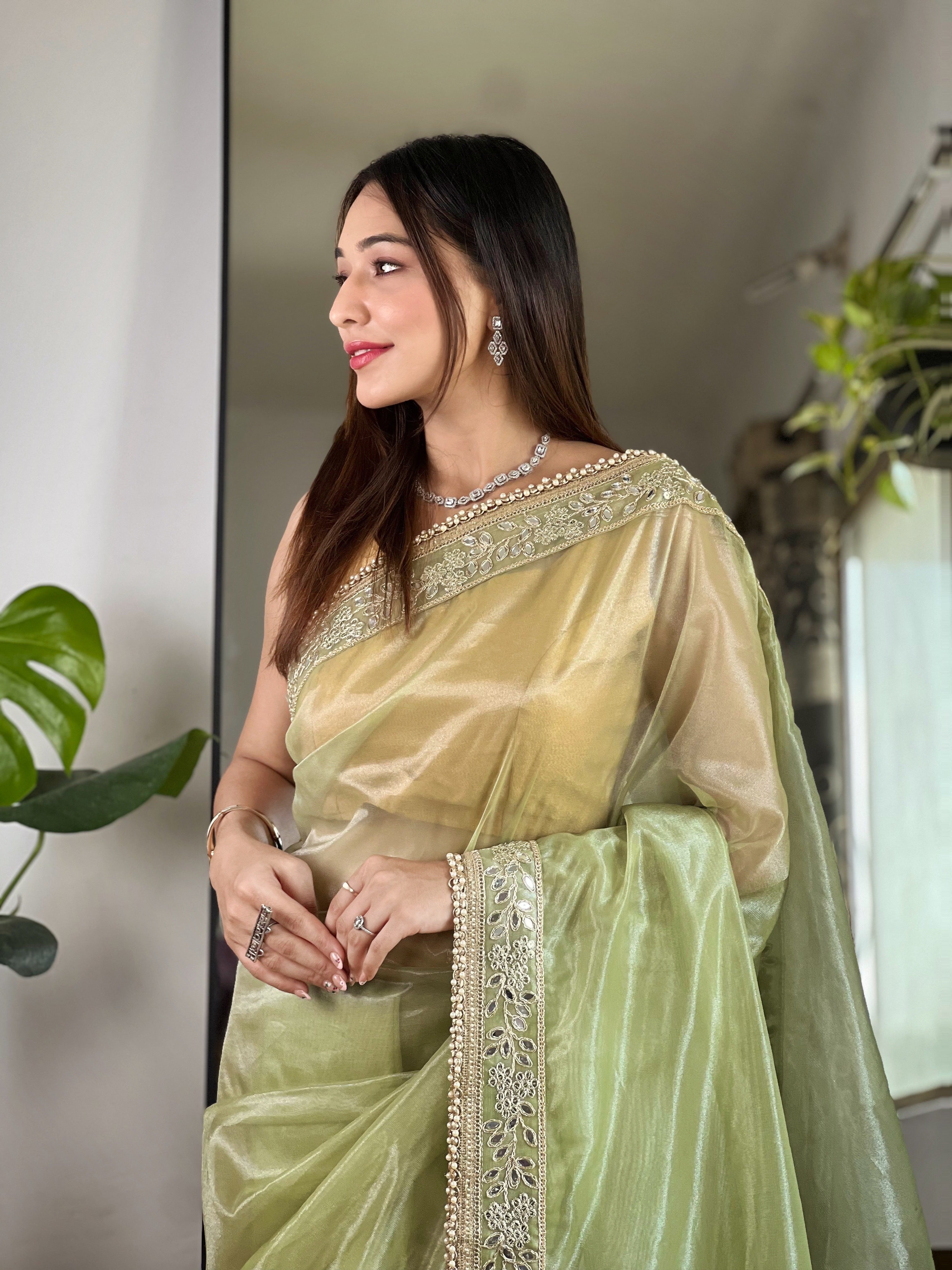 Green Silver Tissue Silk Beautiful Sequins And Jari Embroidery Work Saree