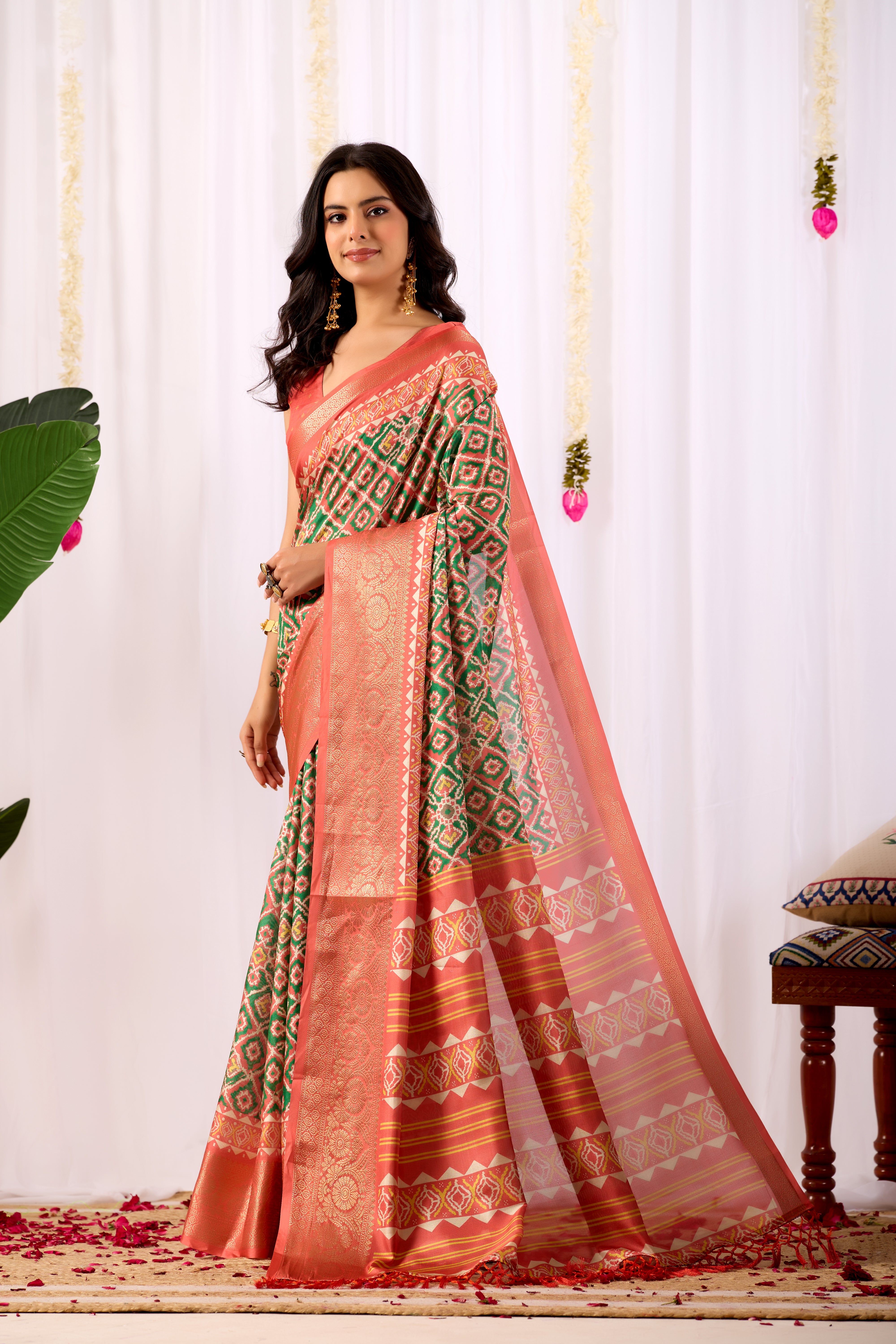 Green Soft Lichi Silk Saree With Digital Printed Festive Traditional Saree