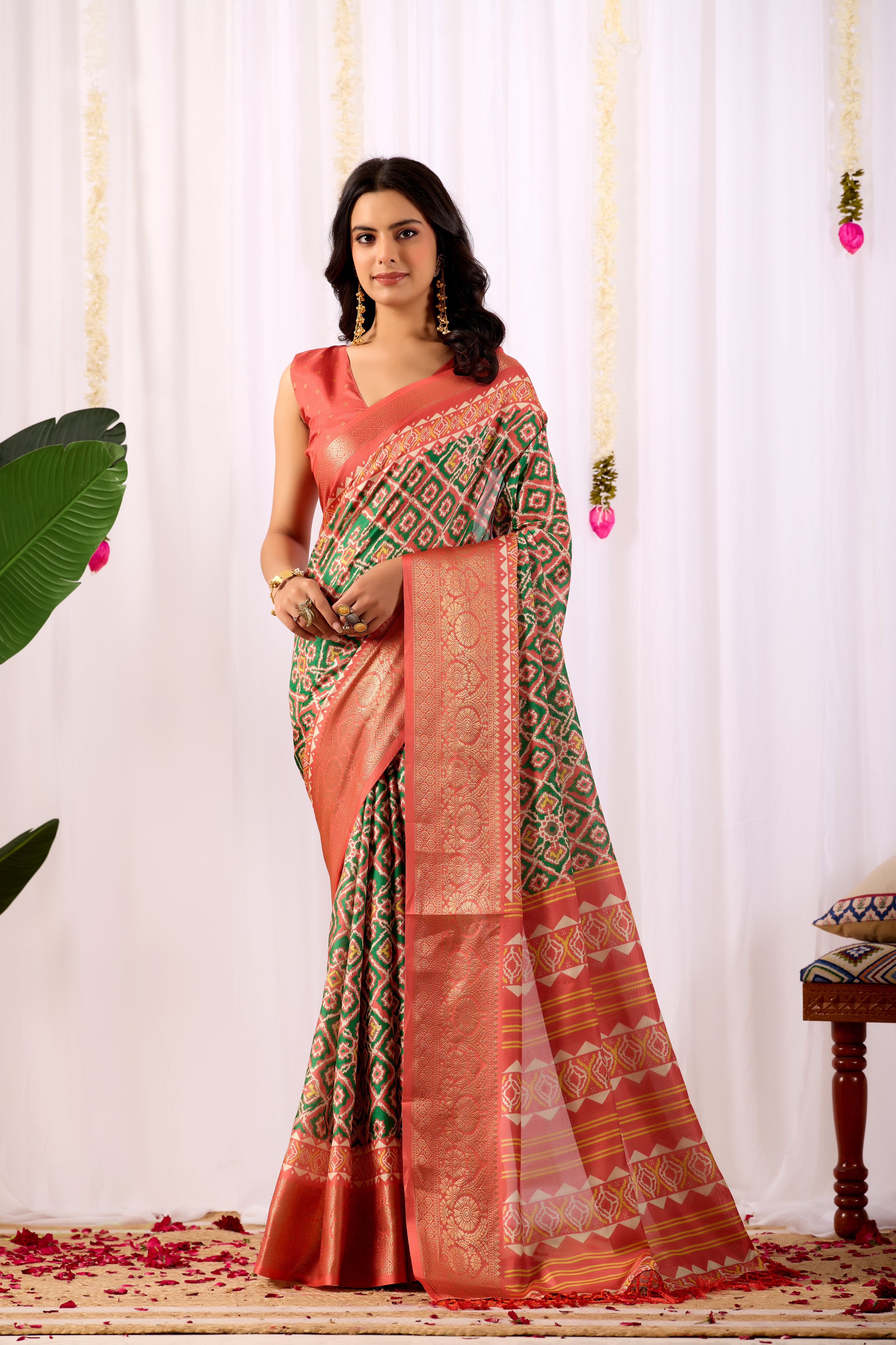 Green Soft Lichi Silk Saree With Digital Printed Festive Traditional Saree