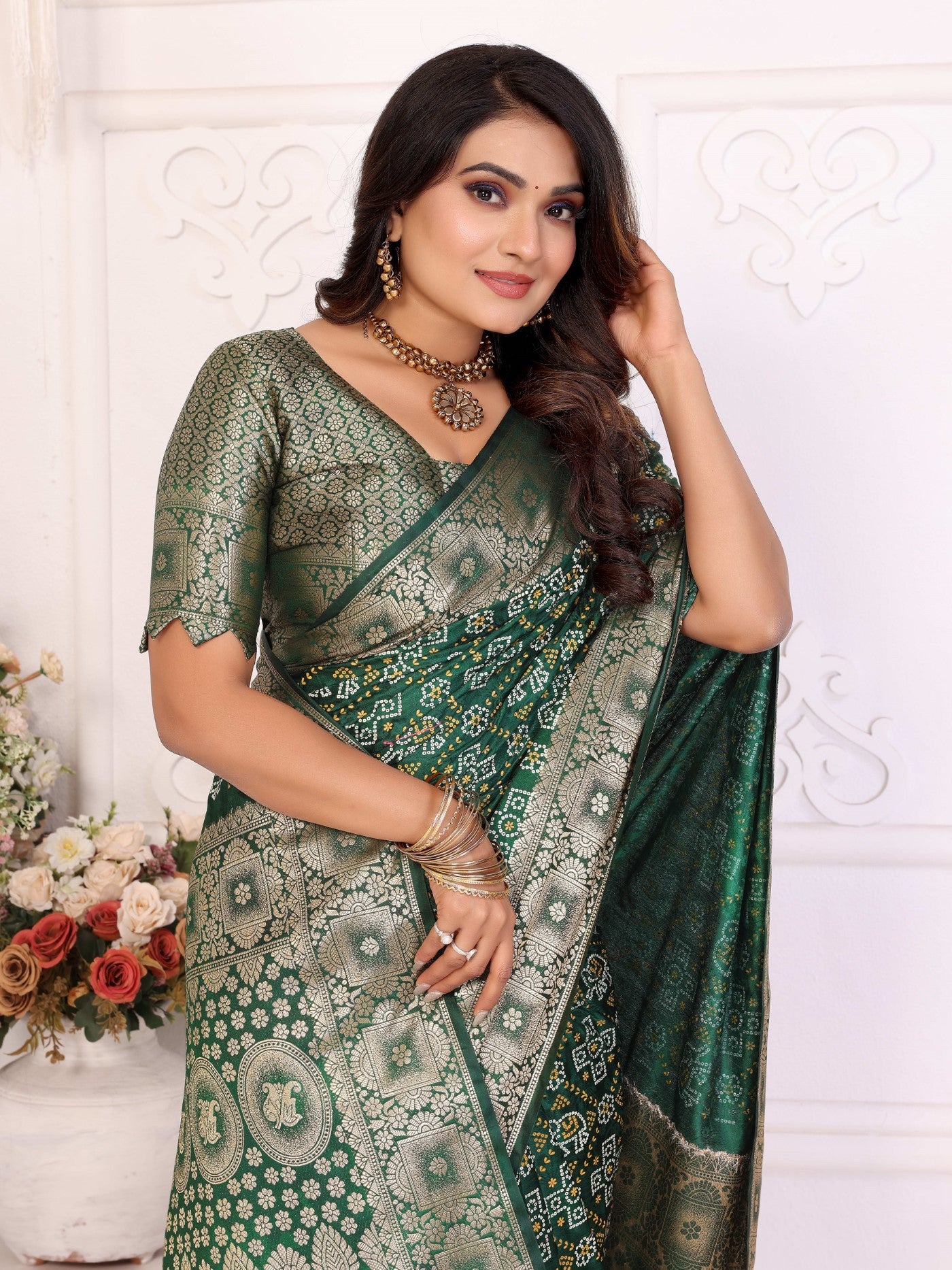 Green Soft Satin Silk Saree With Allover Zari Weaving