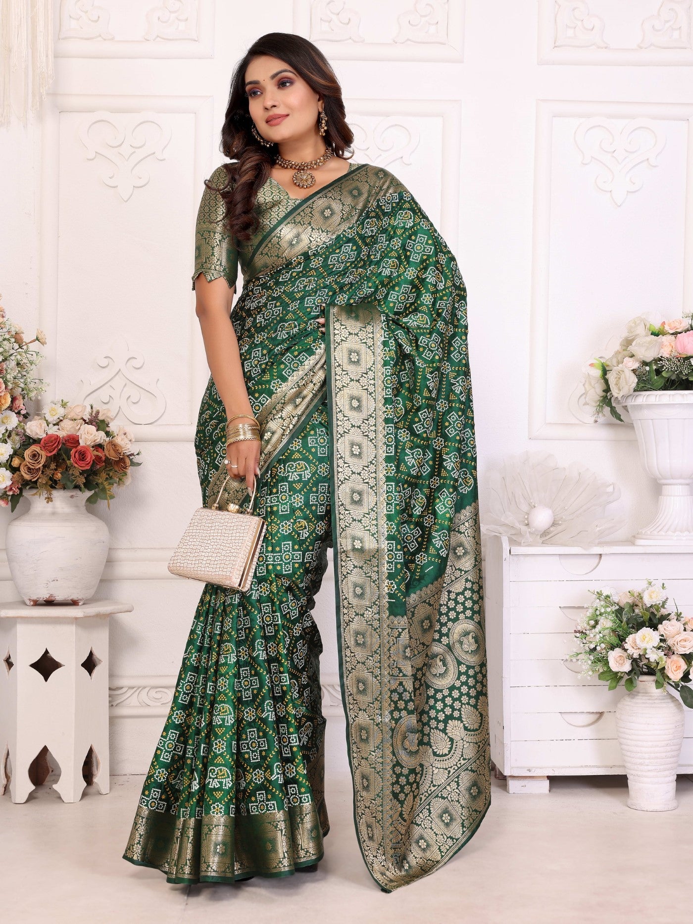 Green Soft Satin Silk Saree With Allover Zari Weaving