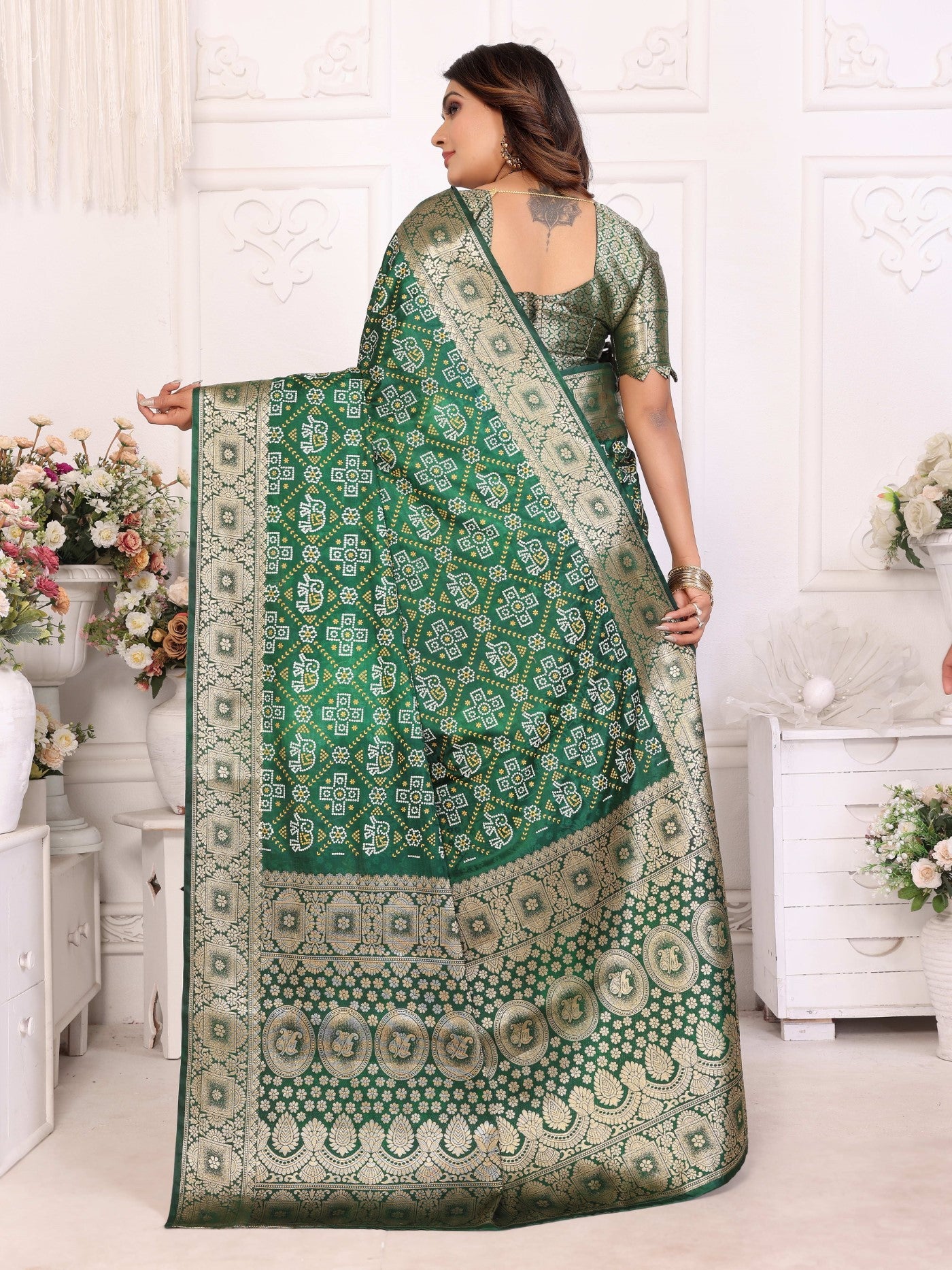 Green Soft Satin Silk Saree With Allover Zari Weaving